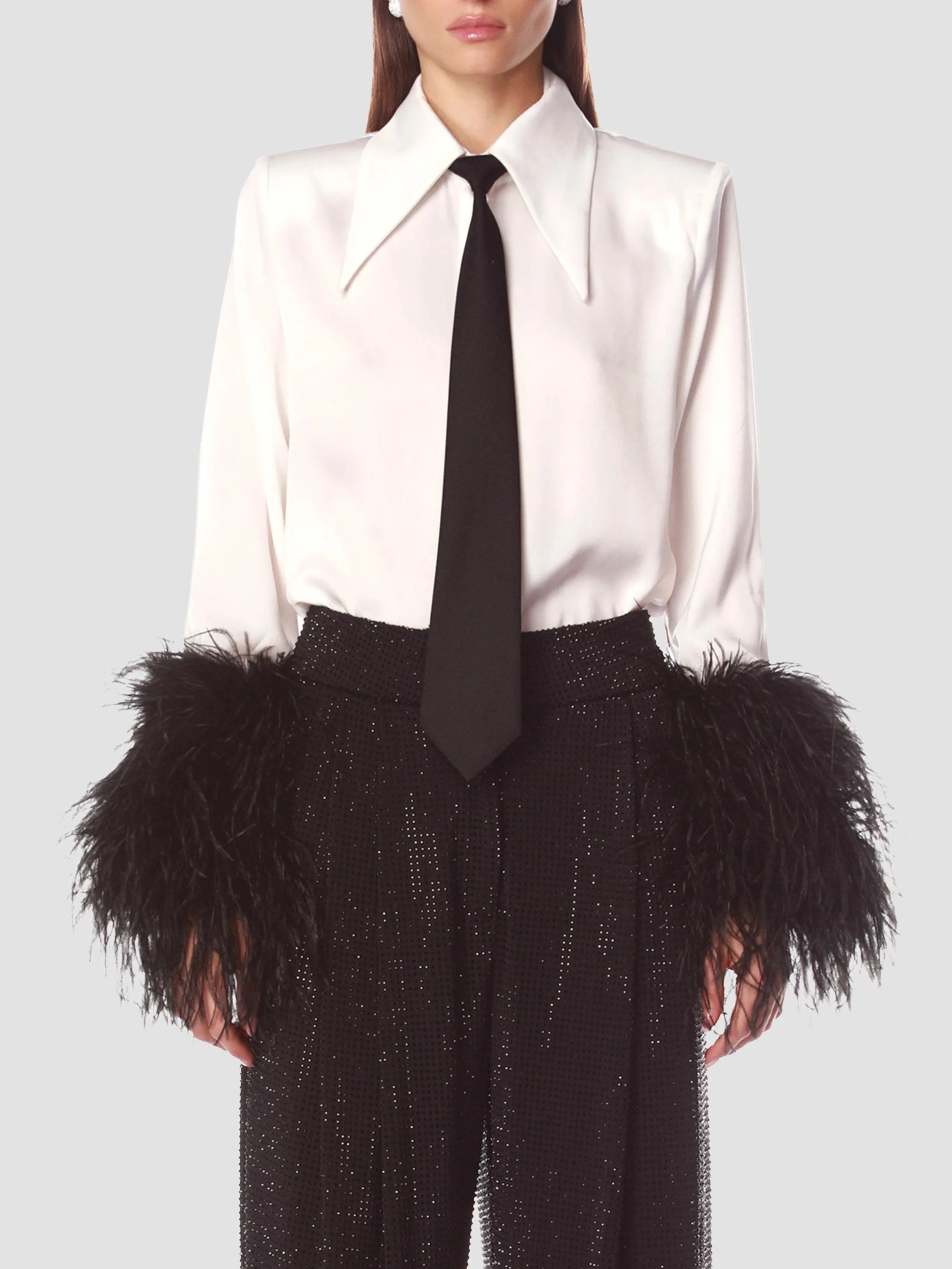 Women's Tie Feather-Cuff Shirt - White - 1