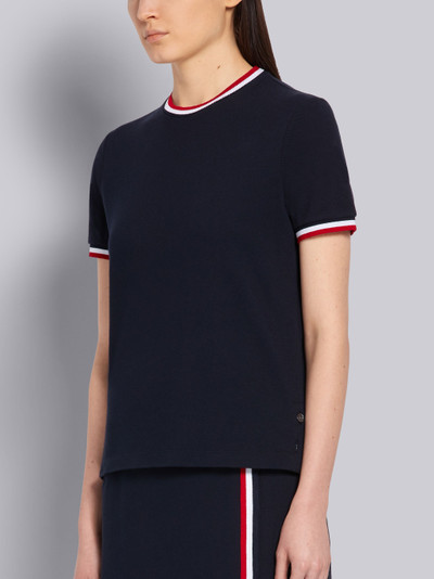 Thom Browne Navy Cotton Pique Tricolor Rib Trim Short Sleeve Tee outlook