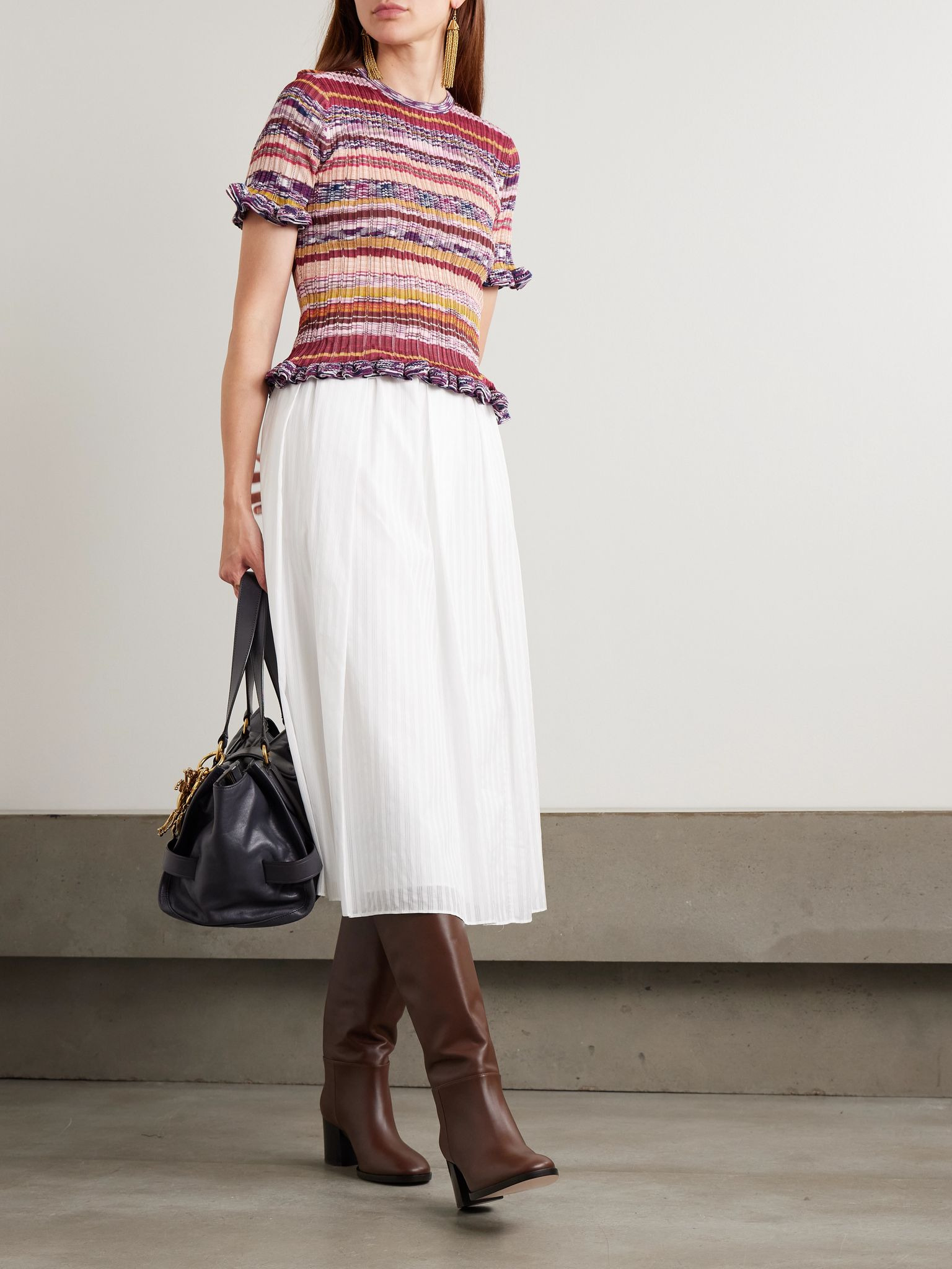 Miya ruffled striped ribbed-knit sweater Red - 2
