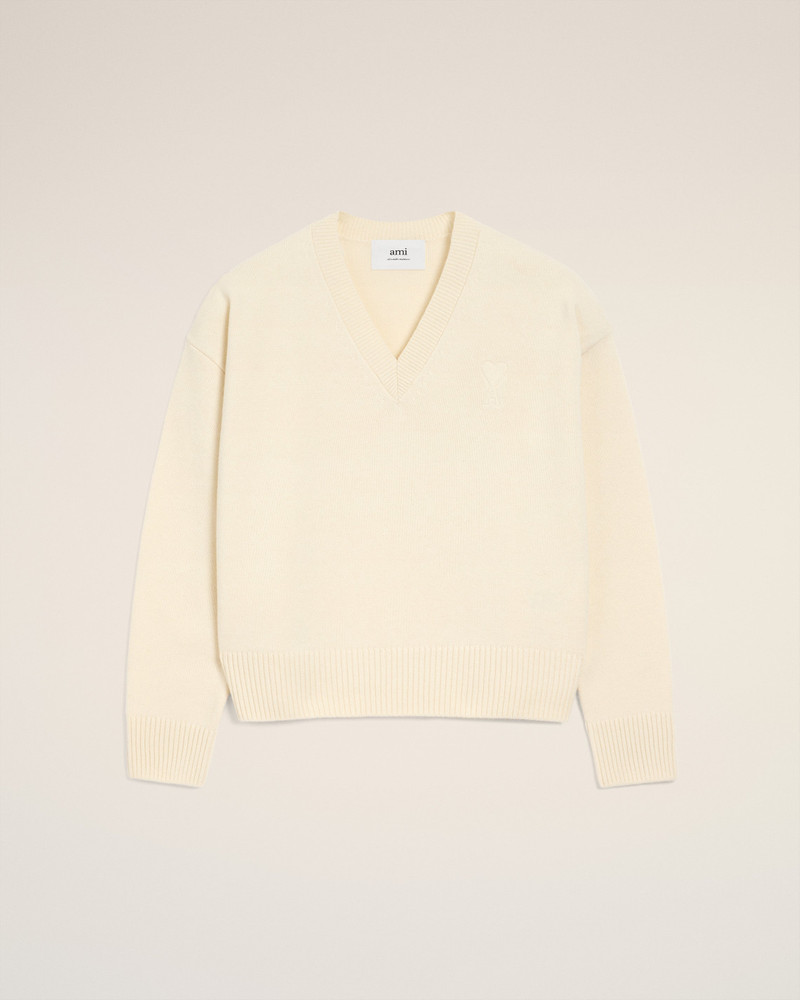 WHITE WOOL AMI DE COEUR V NECK SWEATER 1