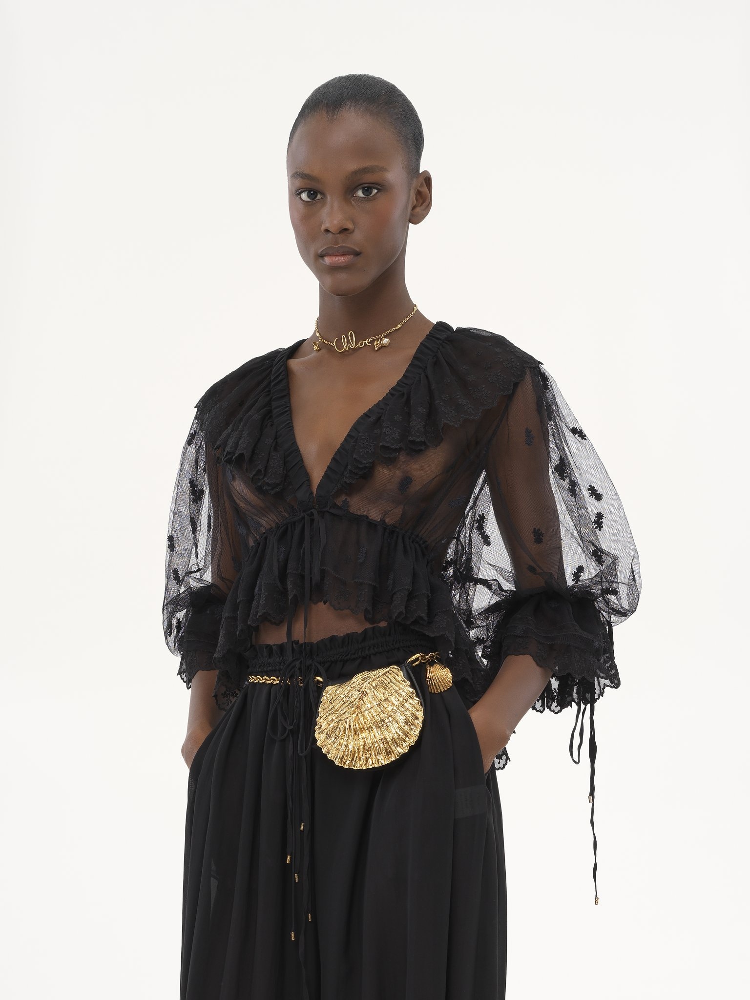 V-NECK RUFFLE TOP IN EMBROIDERED LACE - 4
