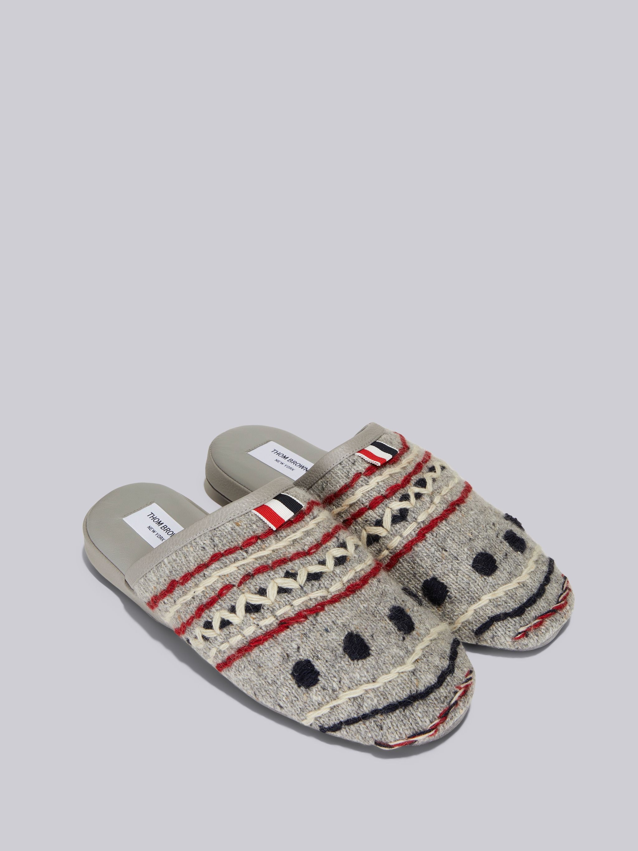 Light Grey Hand Embroidered Fair Isle Knit Wool Slipper - 2