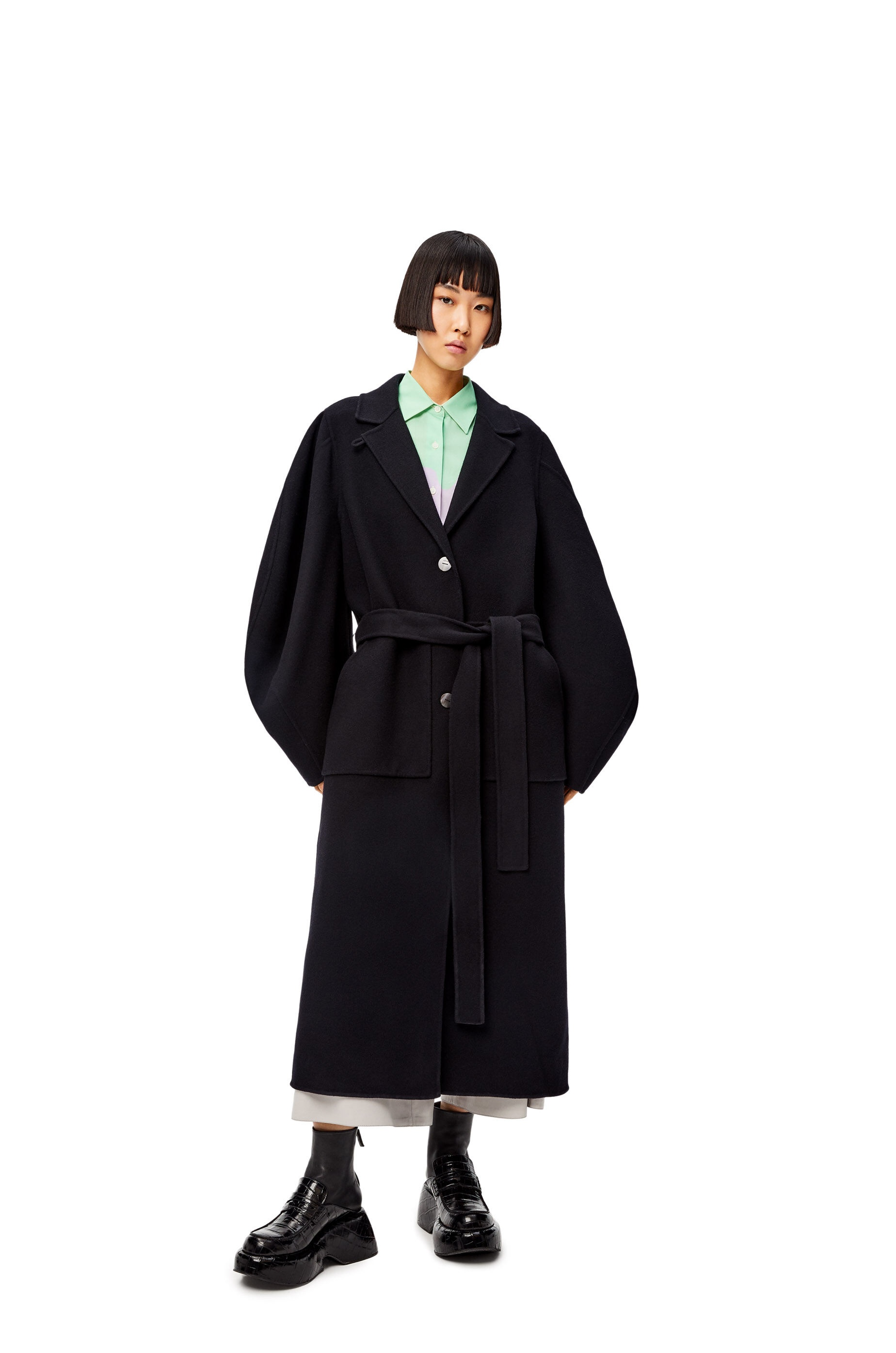 Circular sleeve belted coat in wool and cashmere - 3