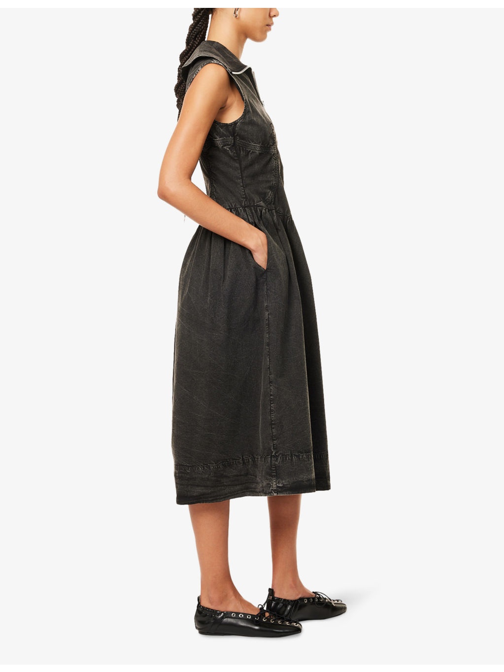 Zip-Up Sleeveless Cotton Midi Dress - 3