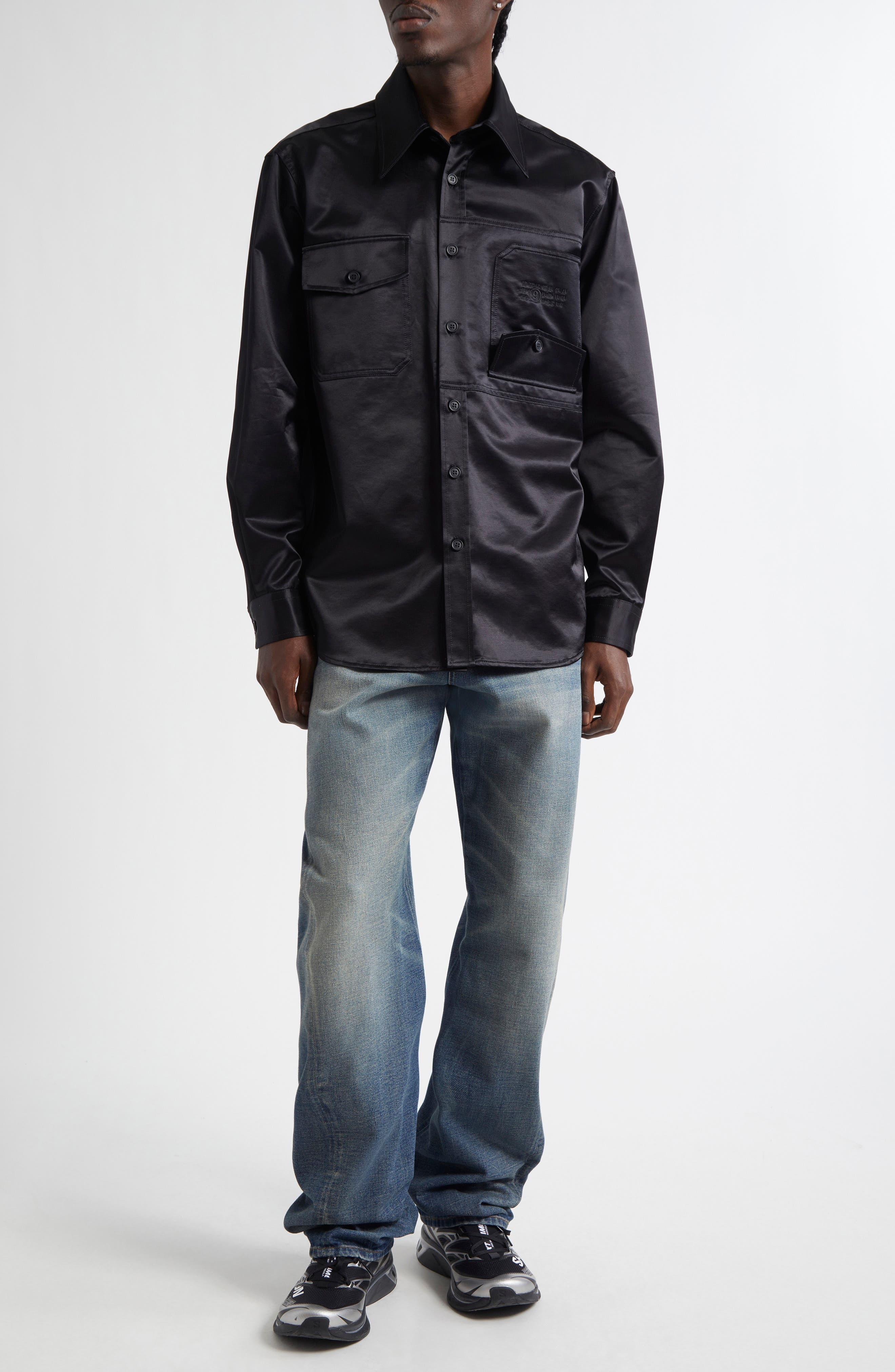 MM6 Maison Margiela Numeric Logo Embroidered Button-Up Shirt in Black at Nordstrom - 2