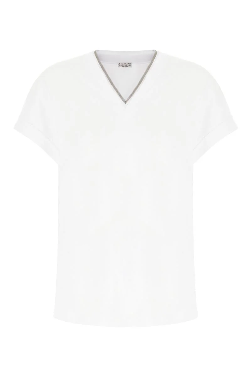 BRUNELLO CUCINELLI STRETCH COTTON JERSEY T-SHIRT WITH PRECIOUS NECKLINE - 1