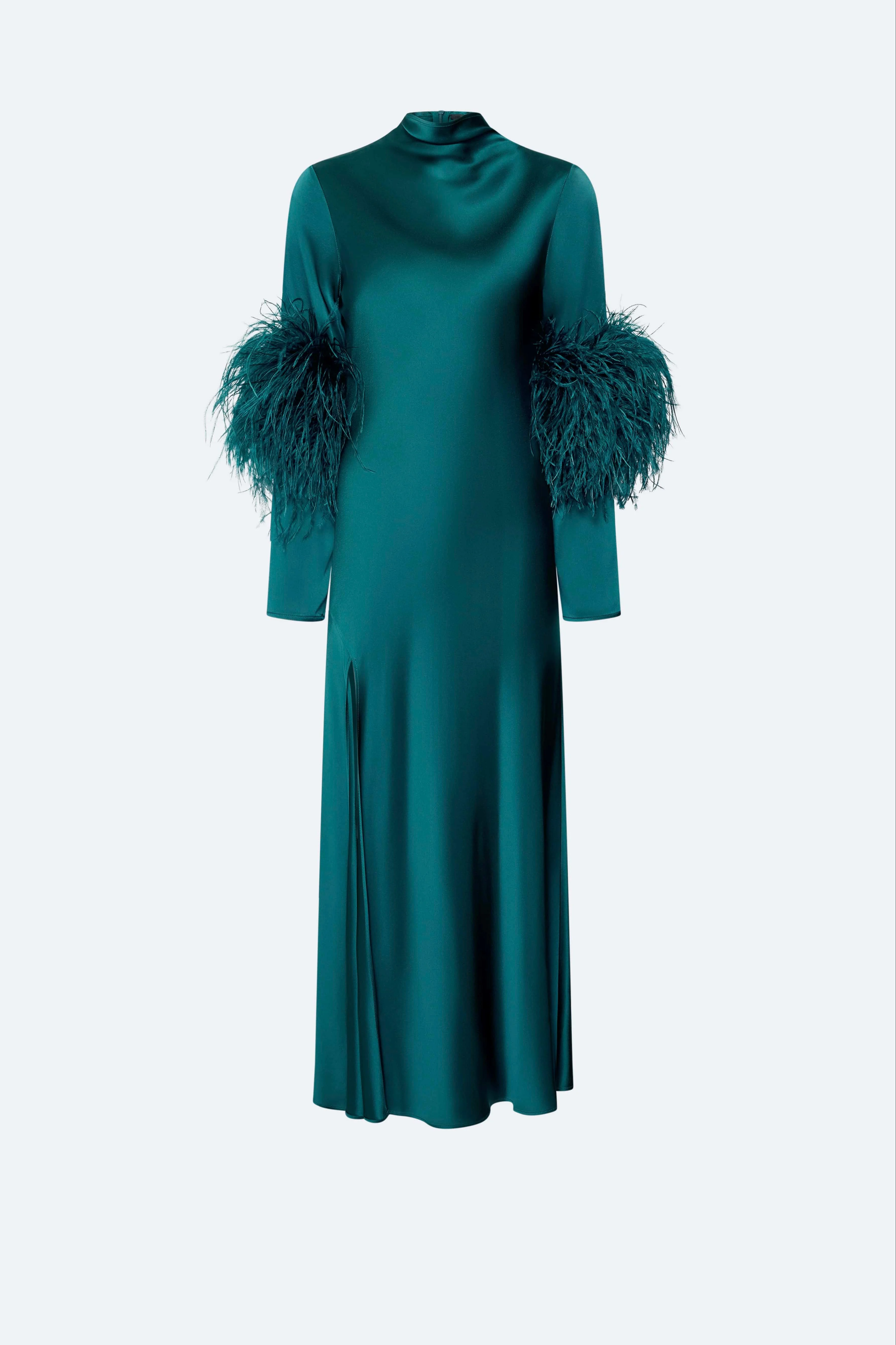 Satin Draped Neck Bias Dress With Feathers - 1
