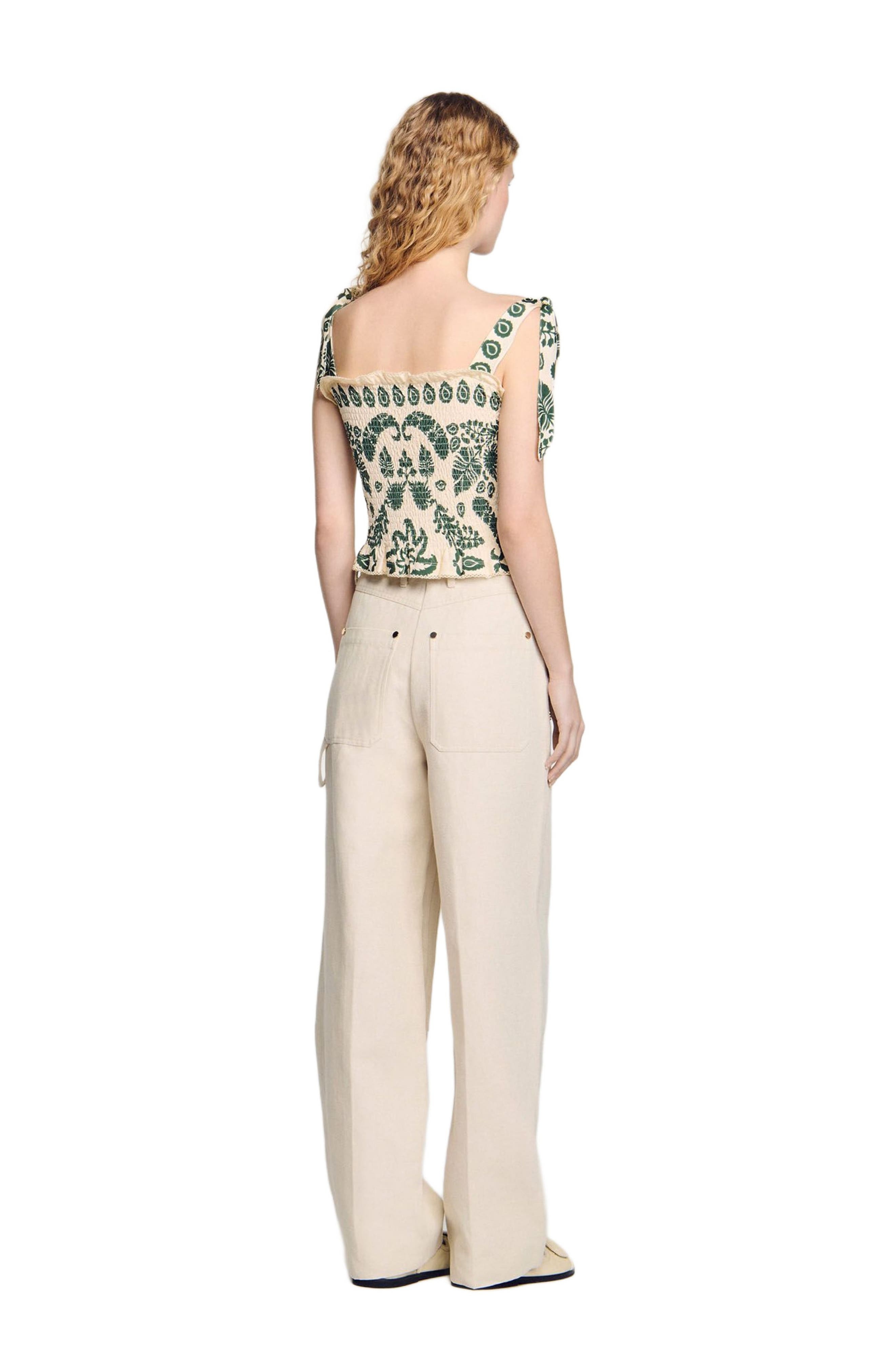 SANDRO Floral motif smocked top in Ecru /Green at Nordstrom - 2