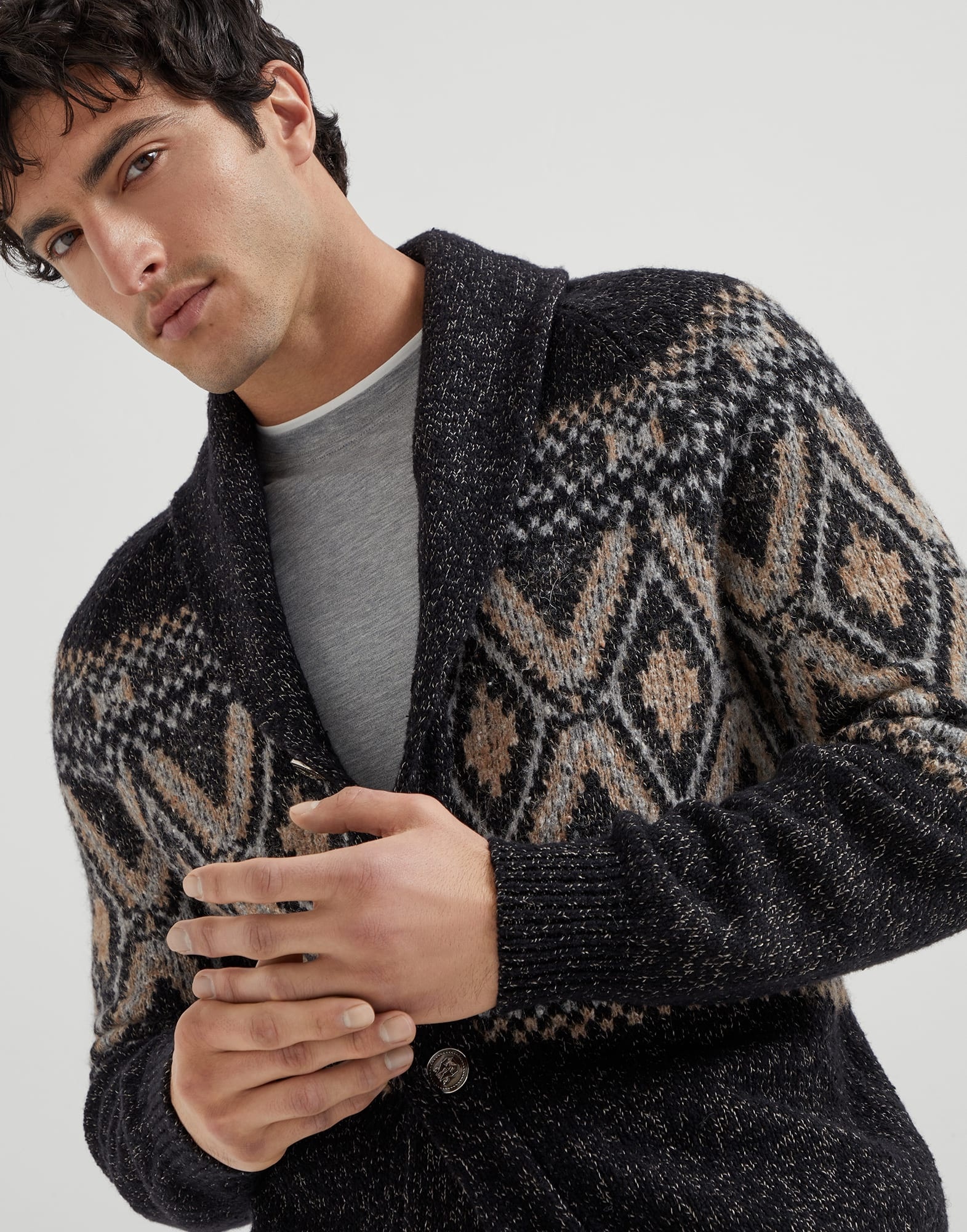 Geometric jacquard cardigan in mouliné virgin wool, silk and cashmere with metal buttons - 3