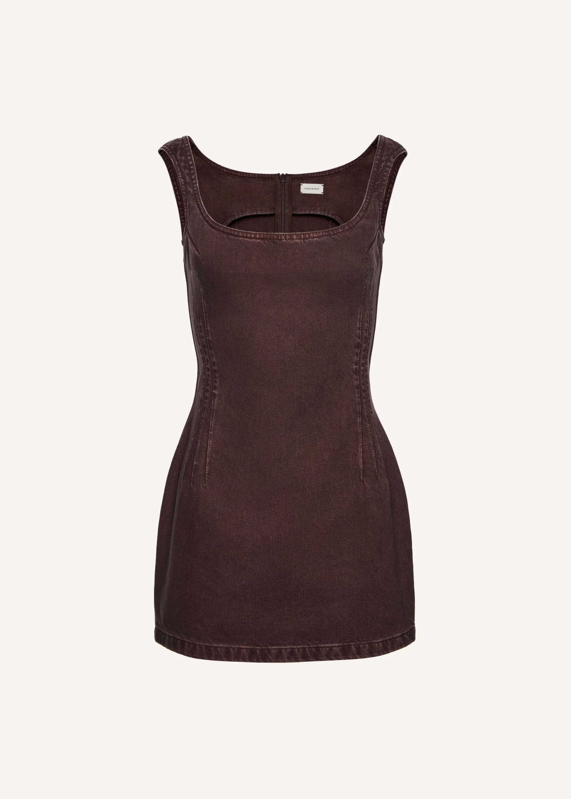 Round-neck mini denim dress in brown - 1