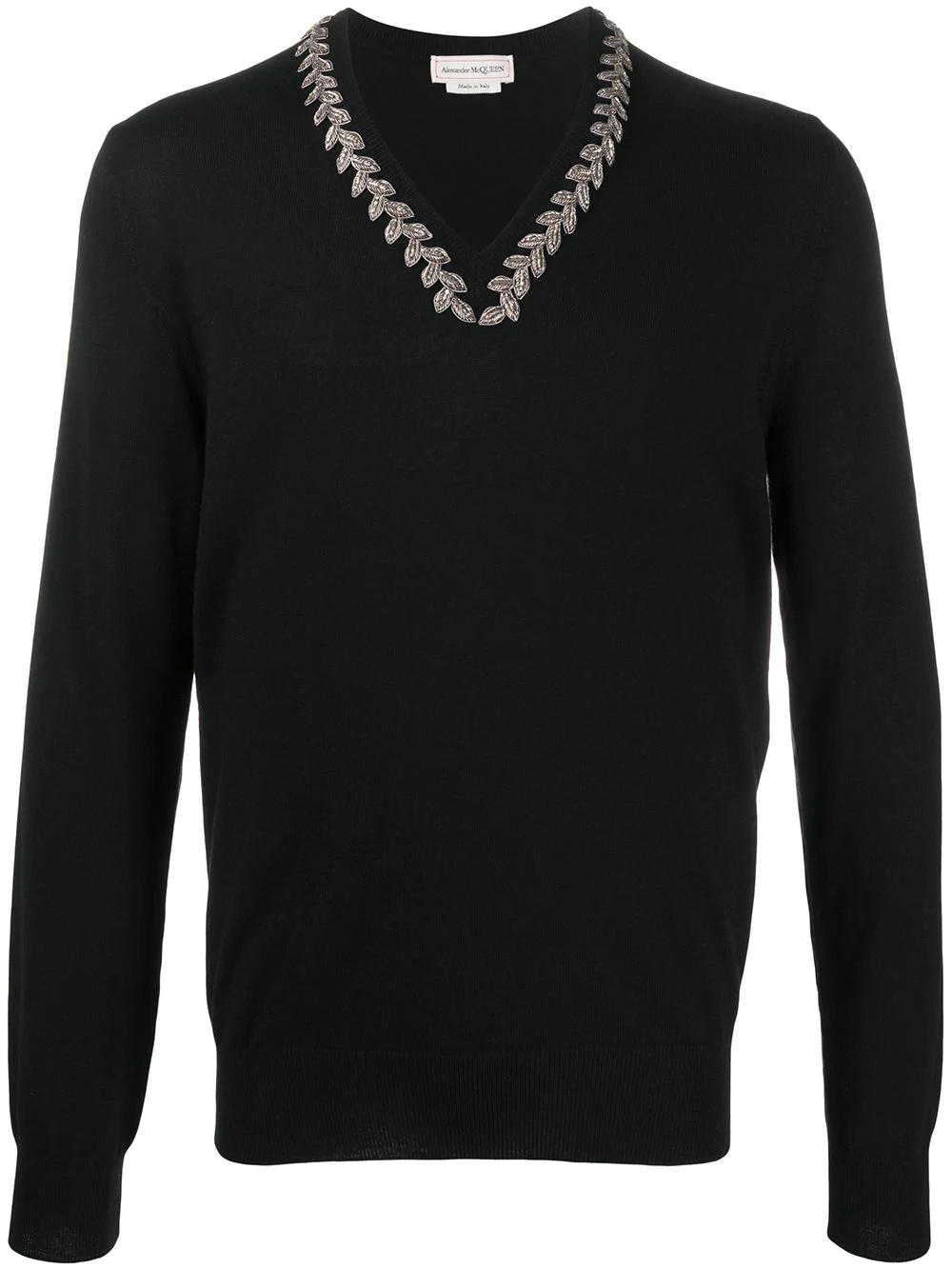 leaf-embroidered V-neck jumper - 1