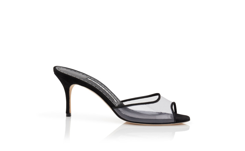 Black Suede and PVC Open Toe Mules - 1