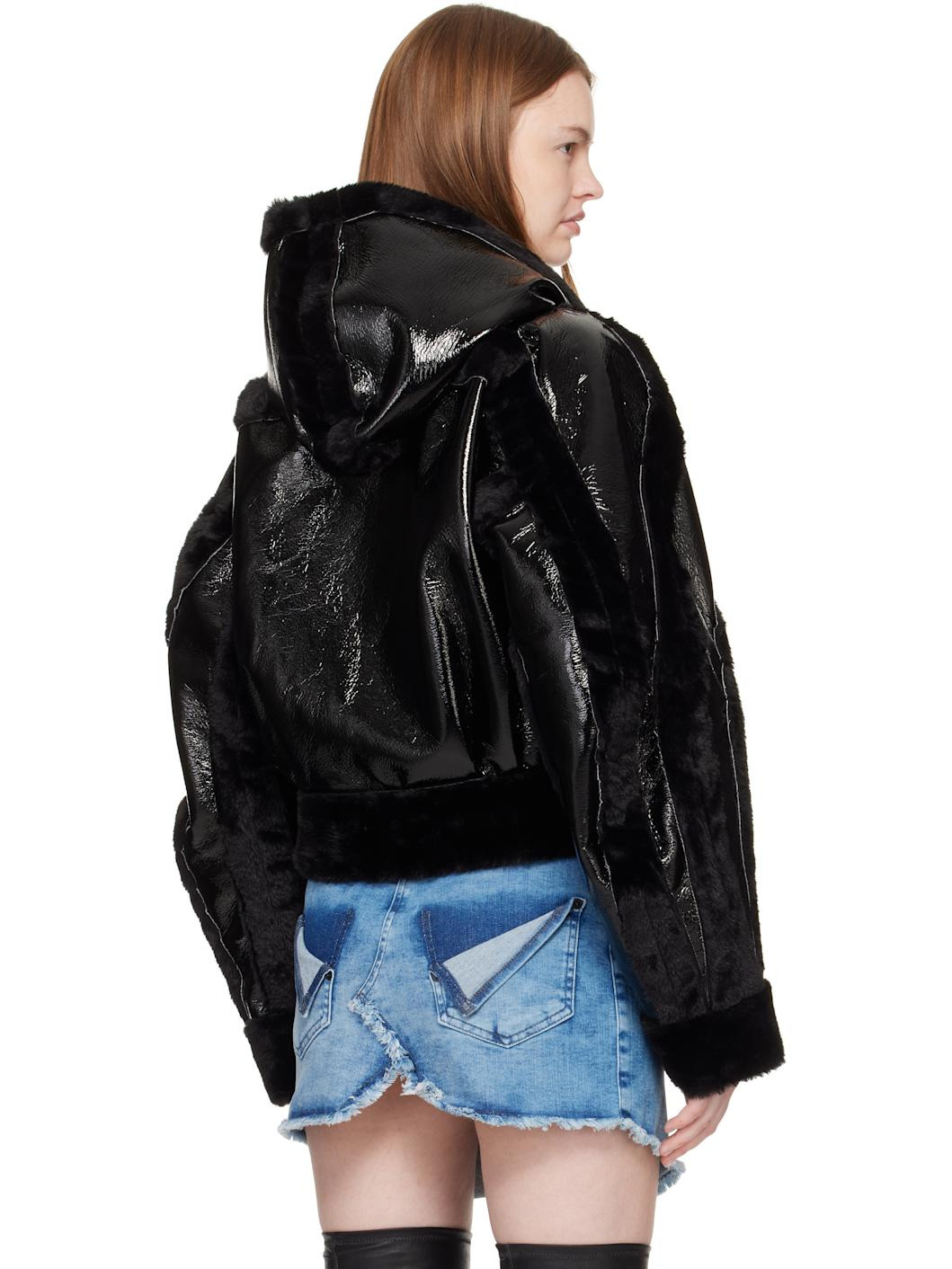 Black Fitted Multiline Faux-Fur Jacket - 3