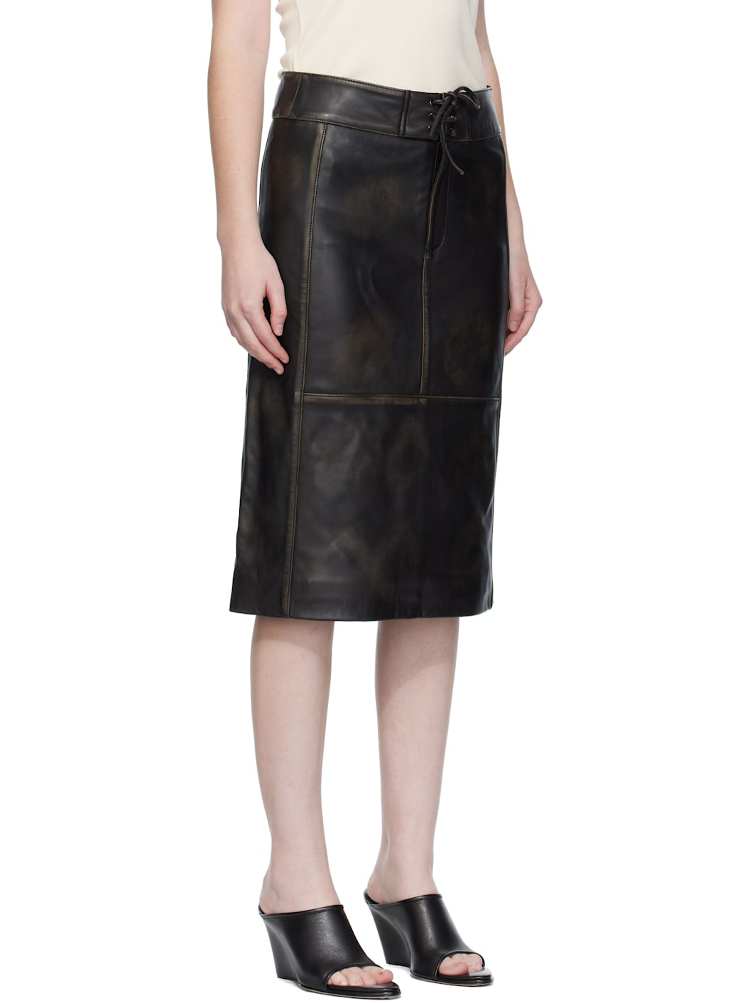 Black Burnished Eddie Leather Midi Skirt - 2