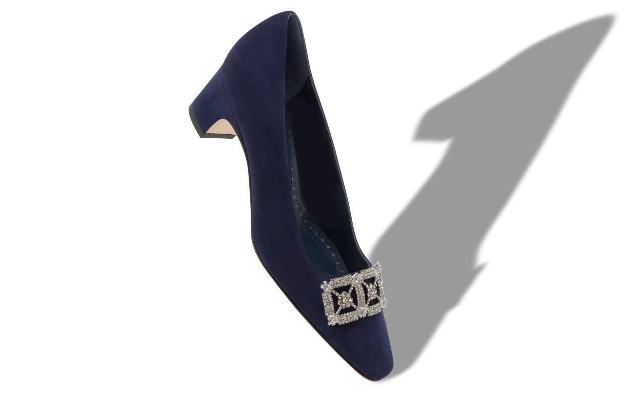 Navy Blue Suede Jewel Embellished Pumps - 2