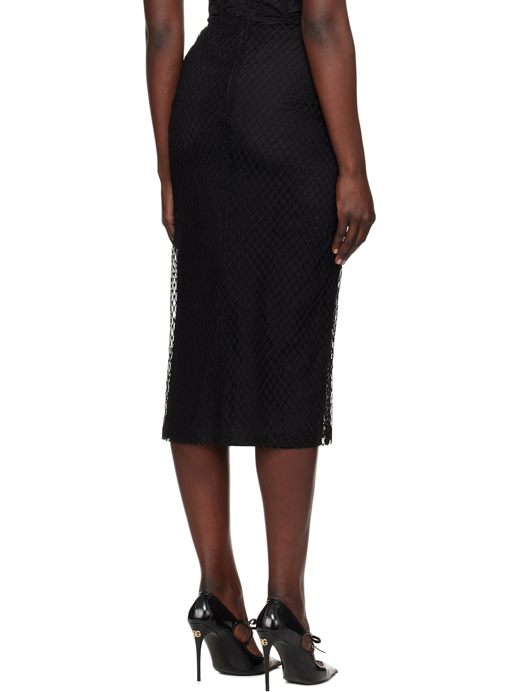 Black Mesh Calf-Length Pencil Midi Skirt - 3