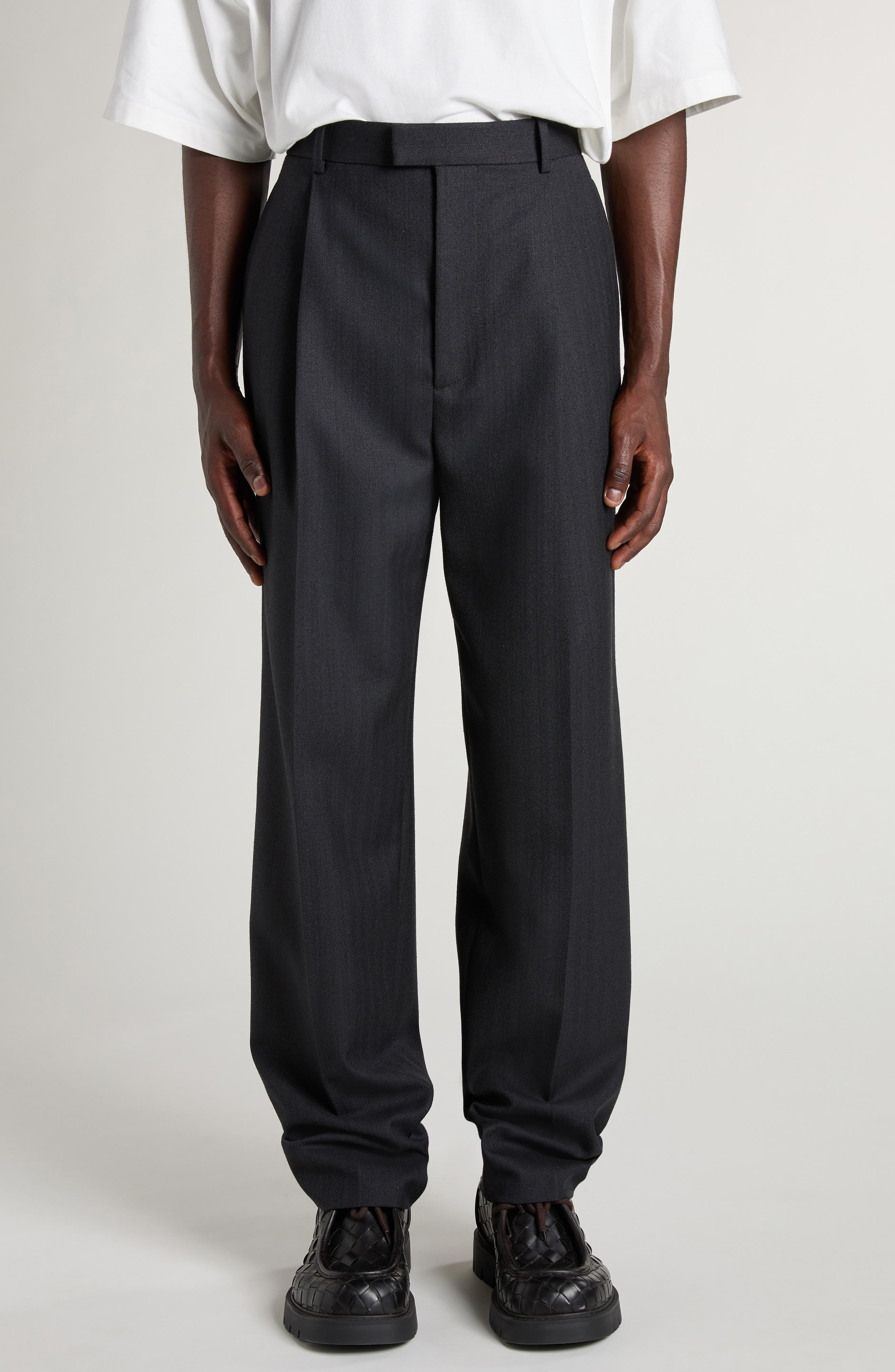 Bottega Veneta Pleated Subtle Stripe Wool Trousers in 1292 Black/Dark Blue at Nordstrom - 1