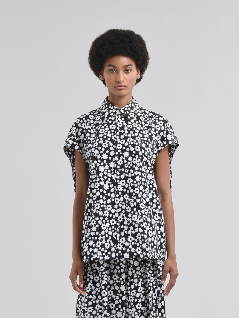 Marni BLACK AND WHITE SLEEVELESS COCOON SHIRT WITH POP FIELDS MOTIF outlook