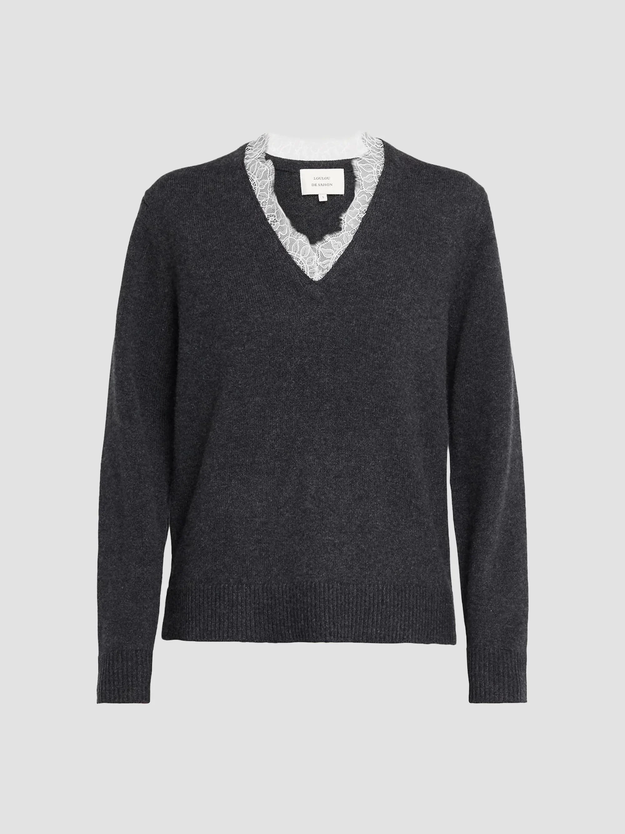 Women's Leyla Cashmere Lace-Trim Sweater - Charcoal Ivory - 1