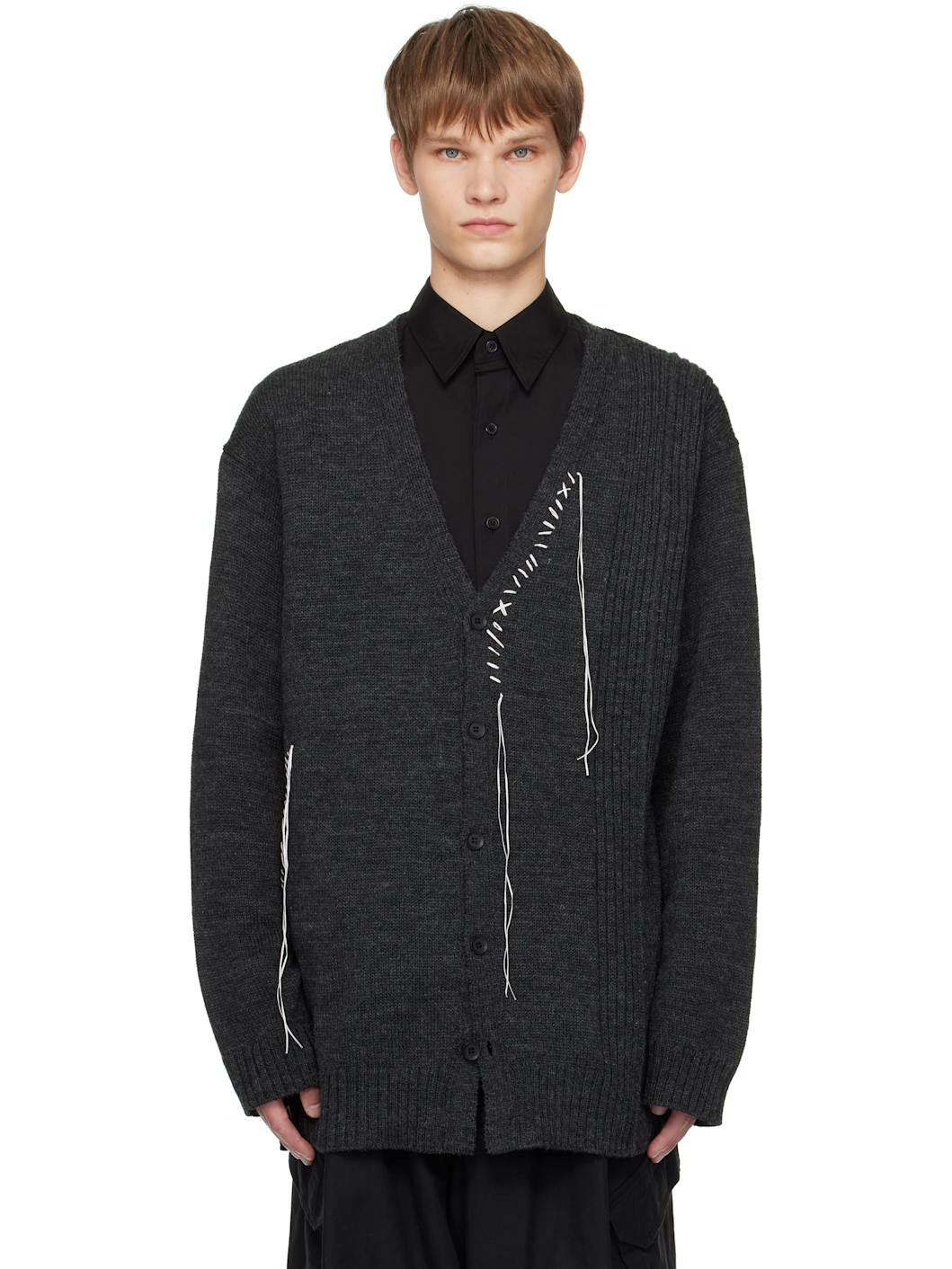 Gray Plain Stitch Embroidery V Neck Cardigan - 1