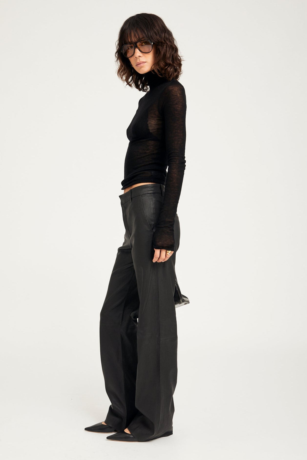 BLACK TISSUE CASHMERE MOCK NECK - 4