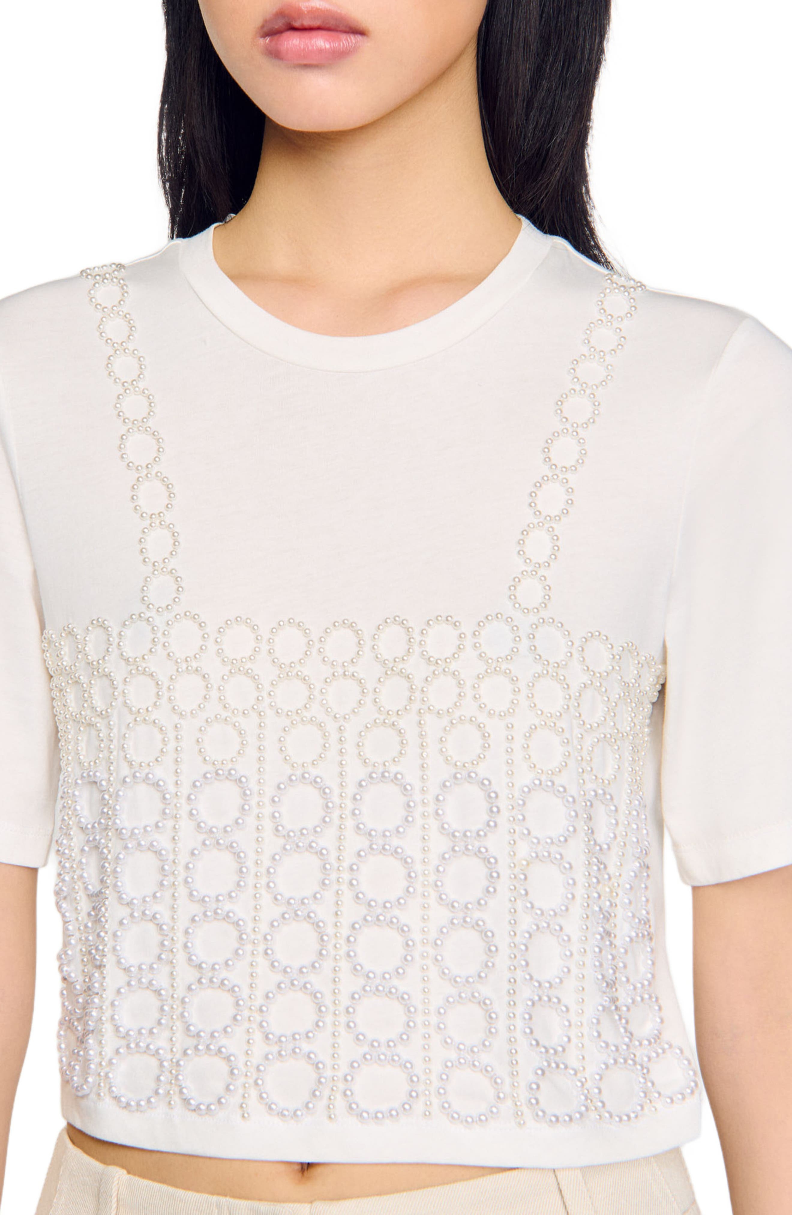 SANDRO Beaded cropped T-shirt in White at Nordstrom - 4