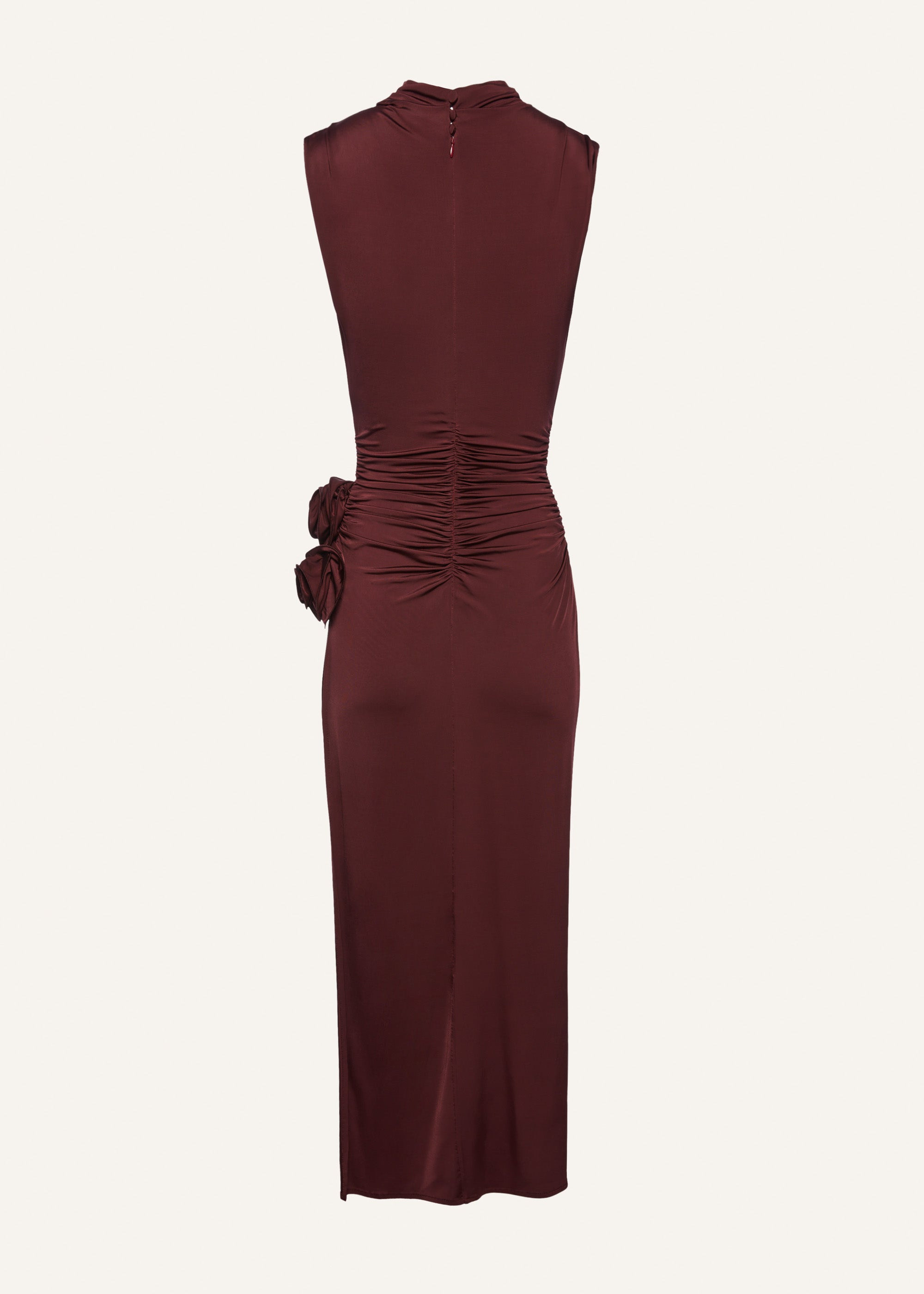 Draped high neck midi dress in burgundy - 2