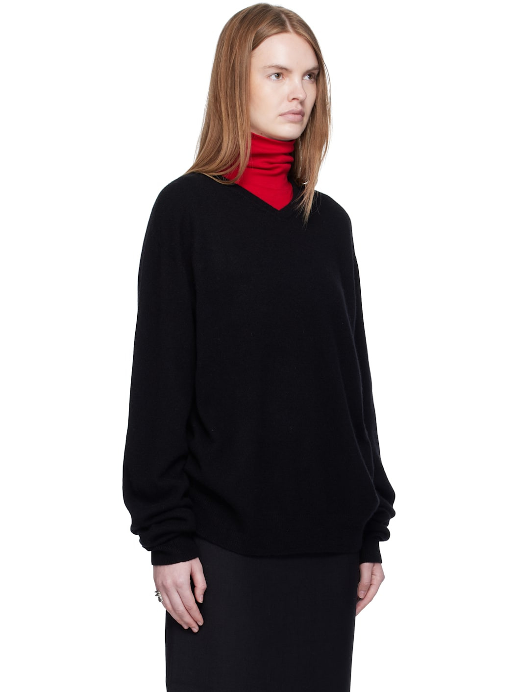 Black Cashmere V-Neck Pullover Sweater - 2