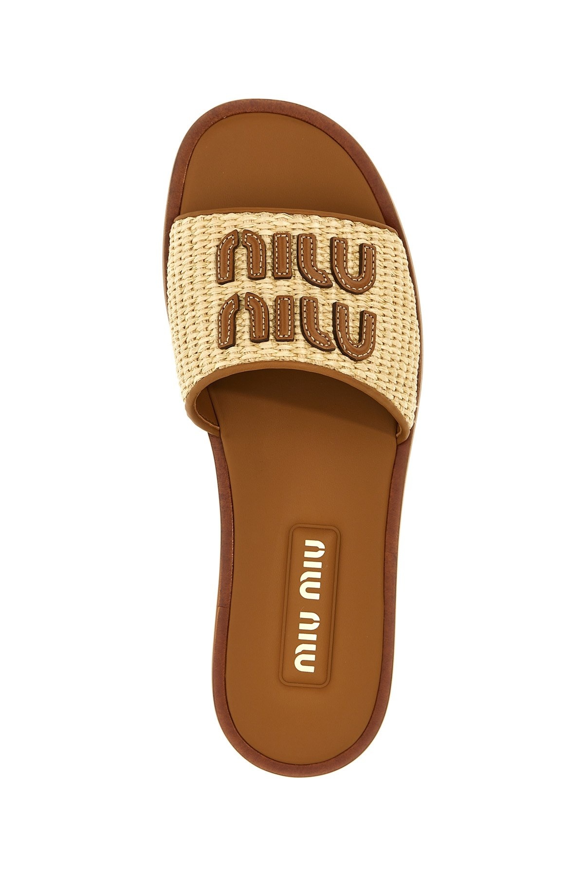 サンダル・ミュール Miu Miu Sandalo Flat Con Logo Miu Miu logo-plaque Leather Flat Sandals | Black | FARFETCH