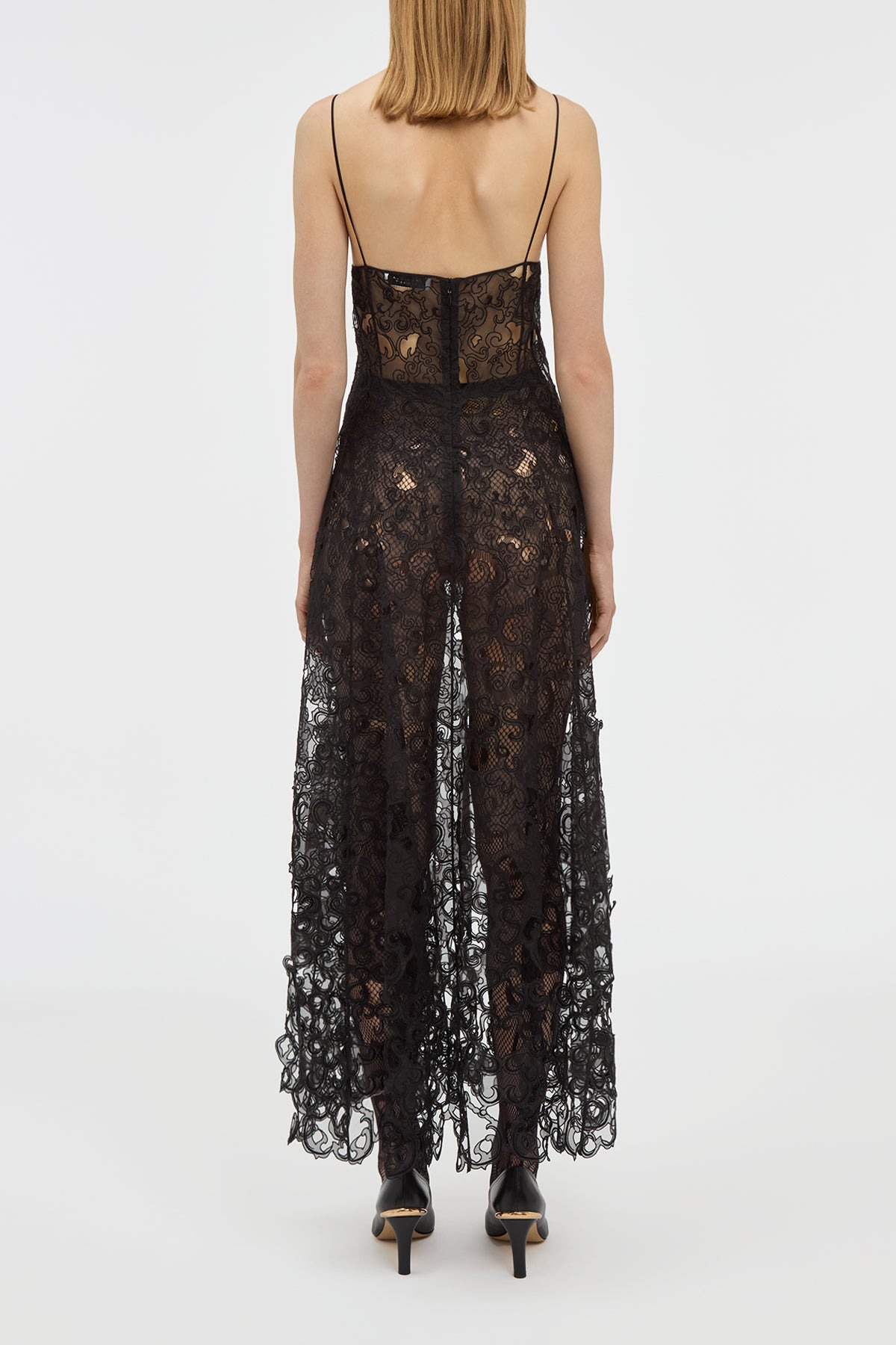 Luma Slip Midi Dress in Black Silk Organza Lace - 4