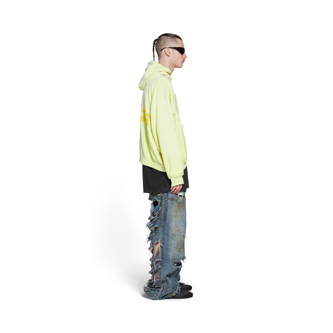 Tape Type Ripped Pocket Hoodie Large Fit in Fluo Yellow - 3