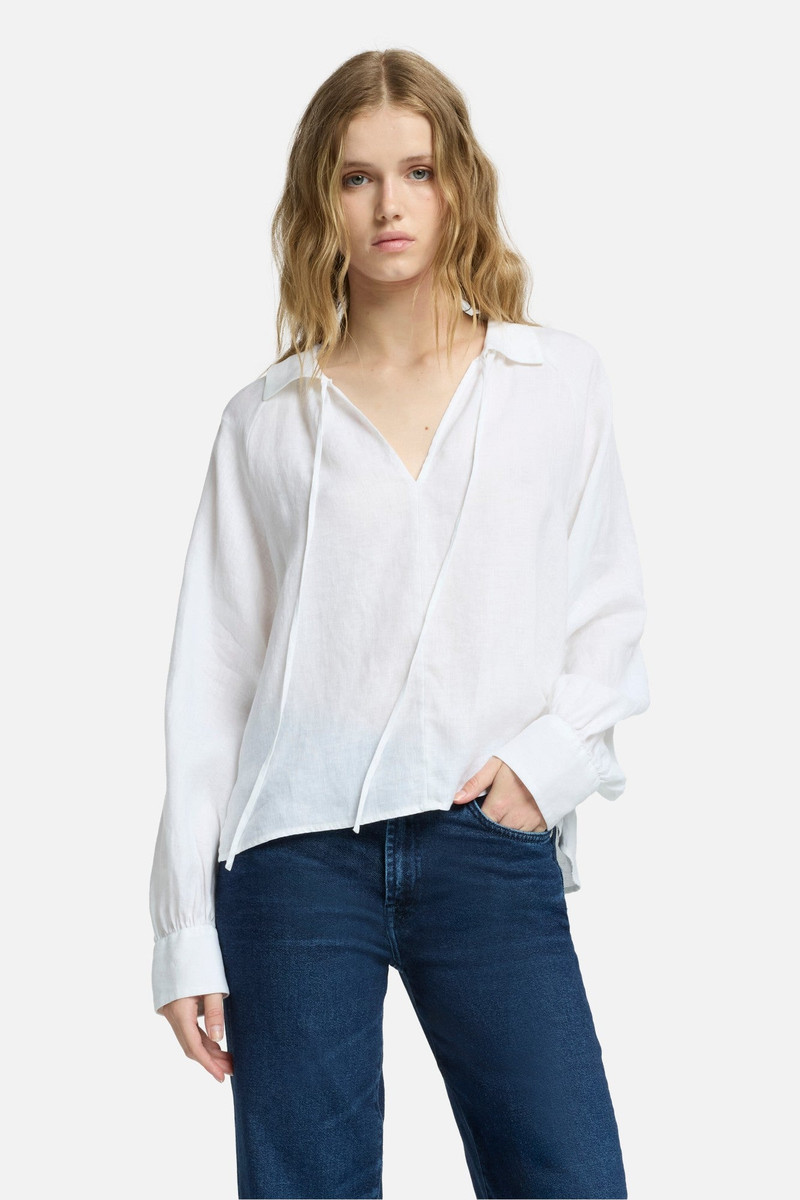 Tie Neck Linen Blouse in Optical White 3