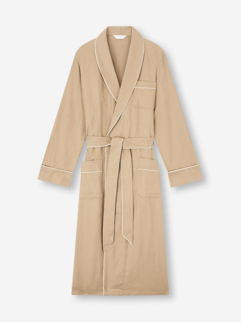 Kelburn Brushed Cotton Gown Light Stone Herringbone 1