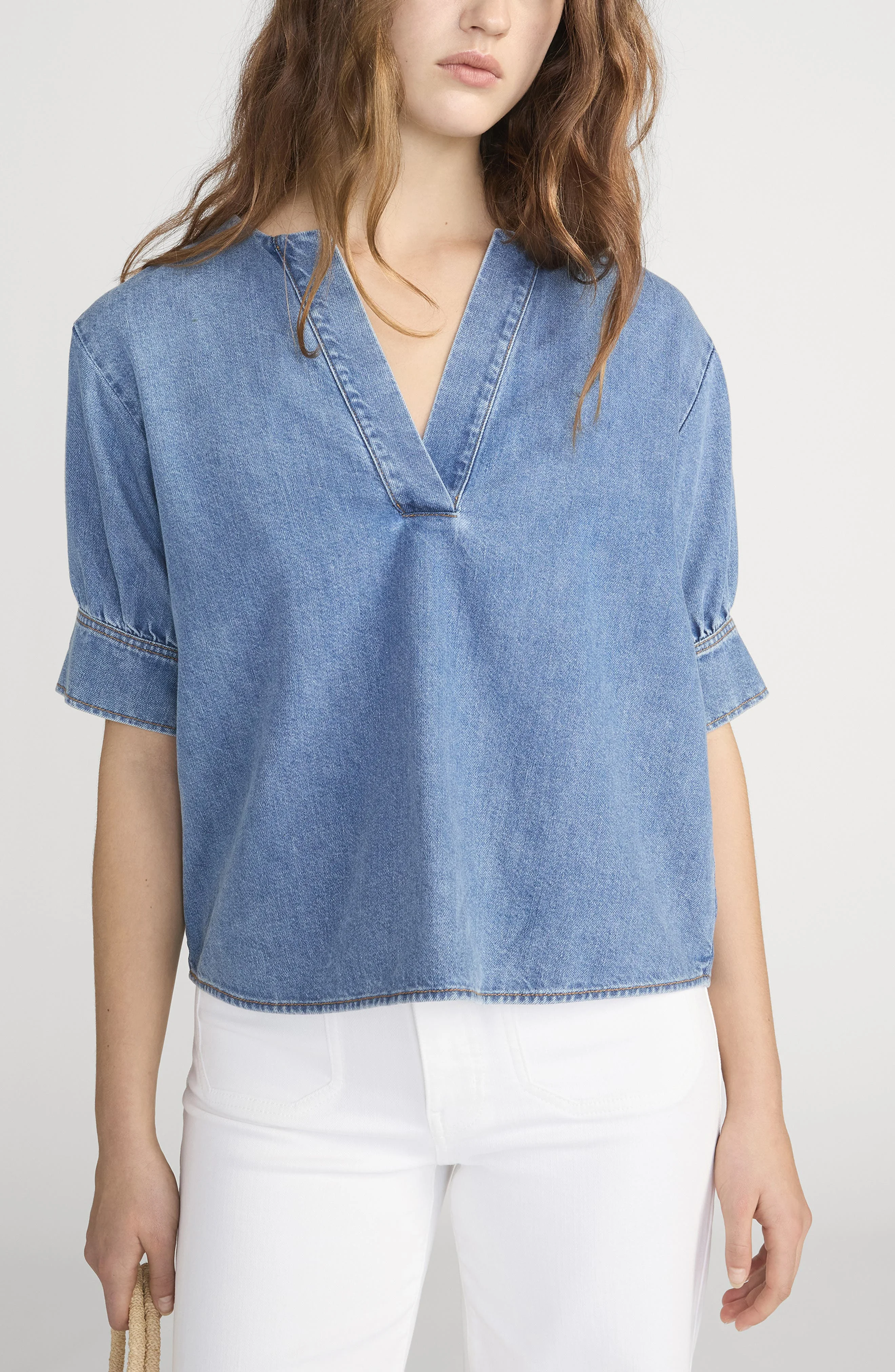 FRAME V-Neck Denim Popover Top in Sora at Nordstrom - 1