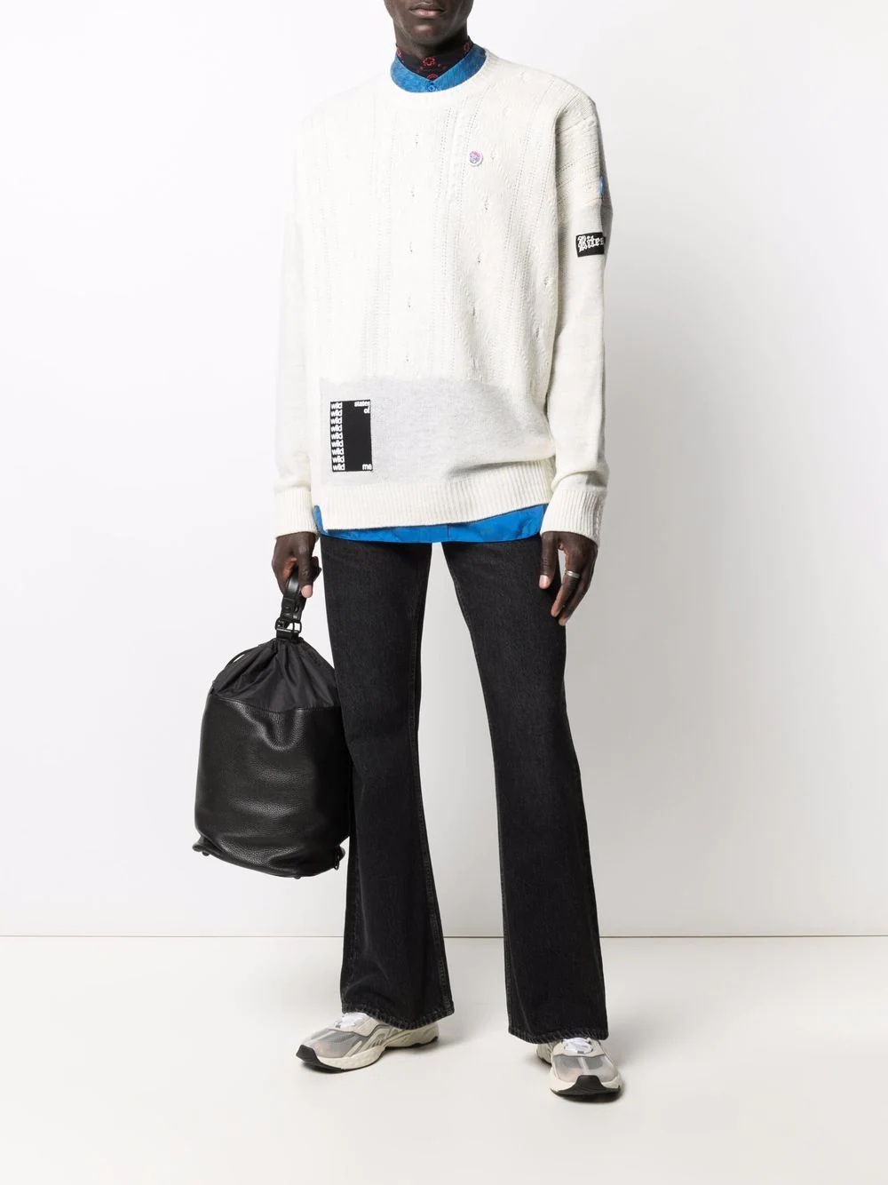 Reversed slogan-patch cable knit jumper - 2