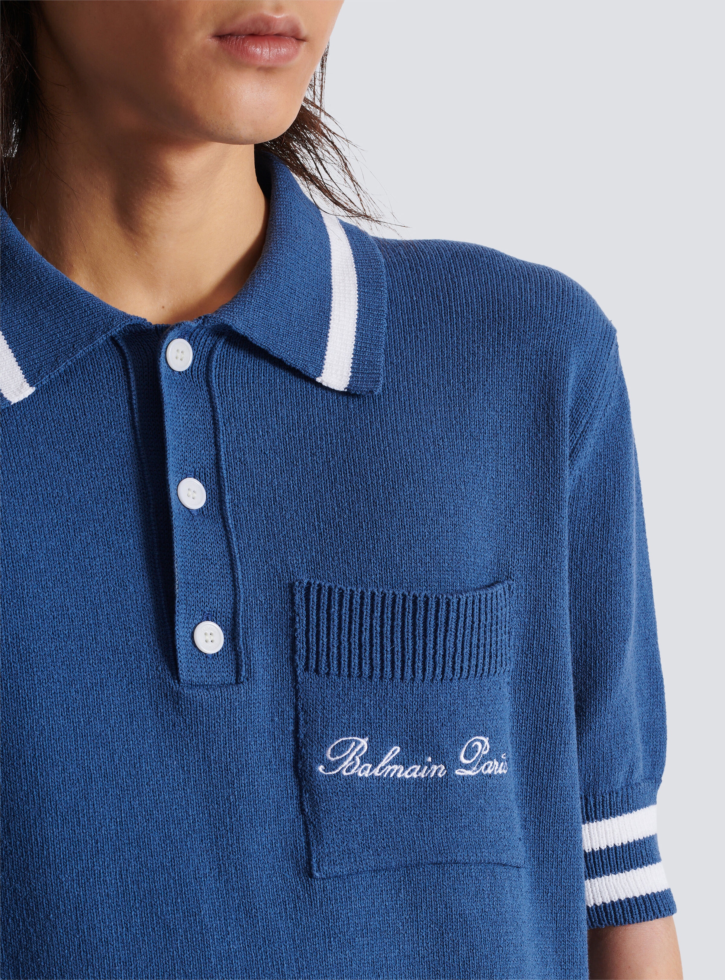 Cotton-linen polo shirt with Balmain Signature embroidery - 8