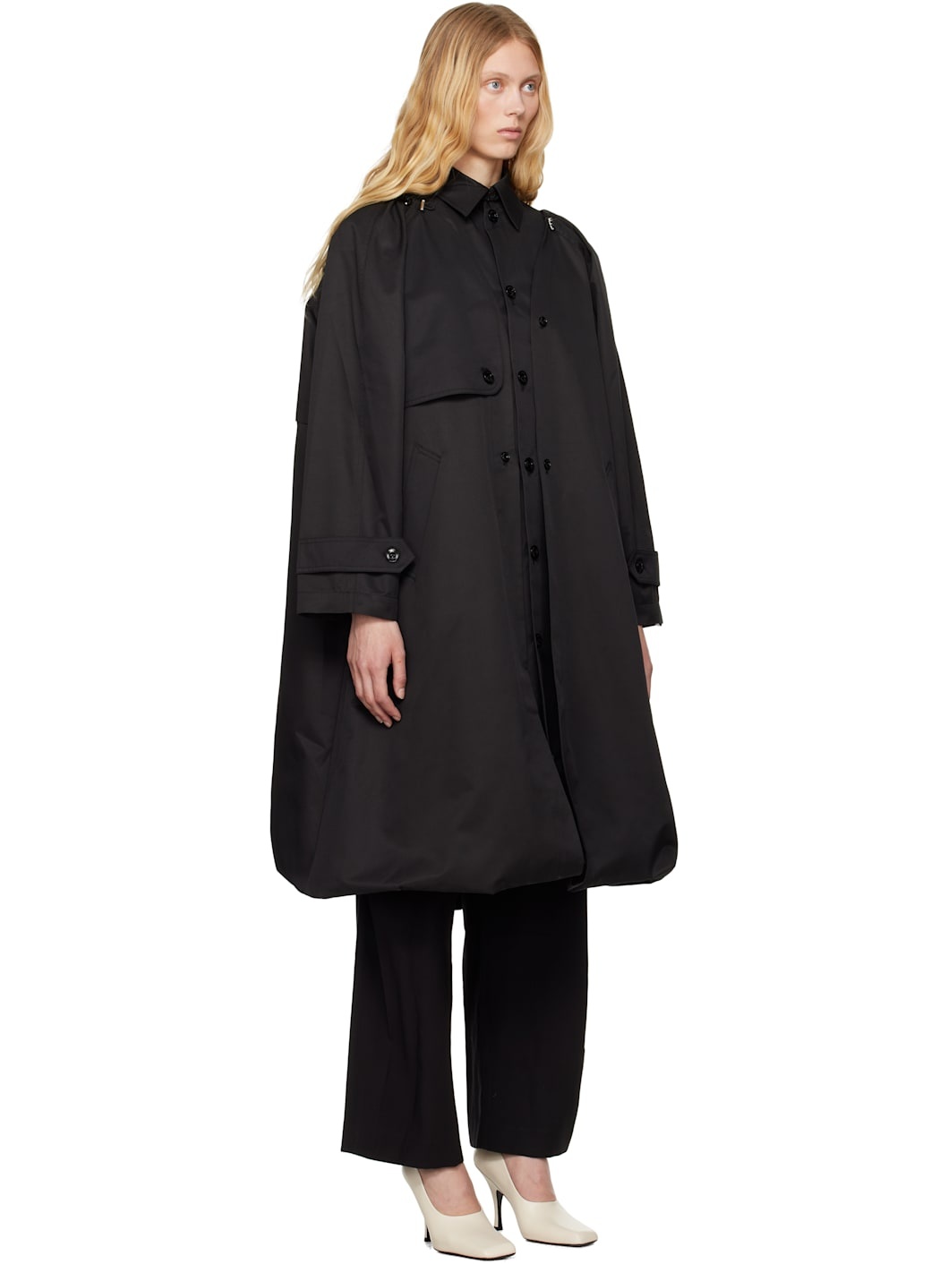 Black Balloon Shape Buttoned Trench Coat - 2