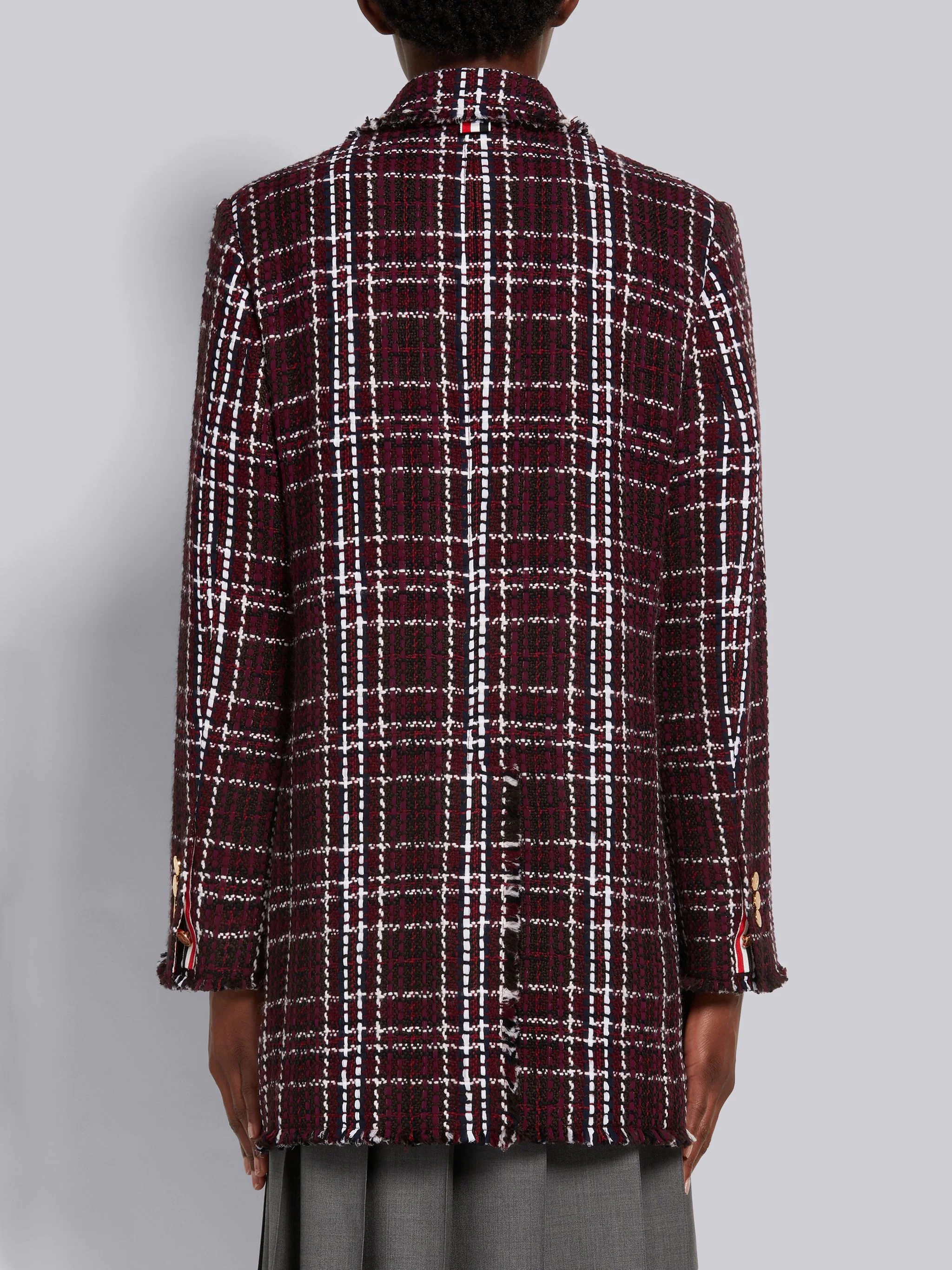 Burgundy Tartan Check Tweed Oversized Double Breasted Sack Jacket - 3