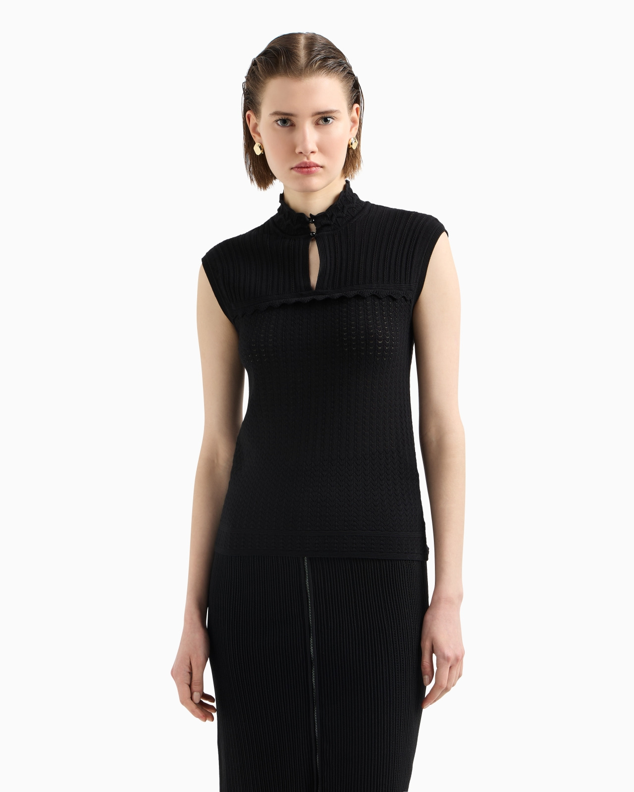 PERFORATED LACE-STITCH MOCK-NECK TOP - 4