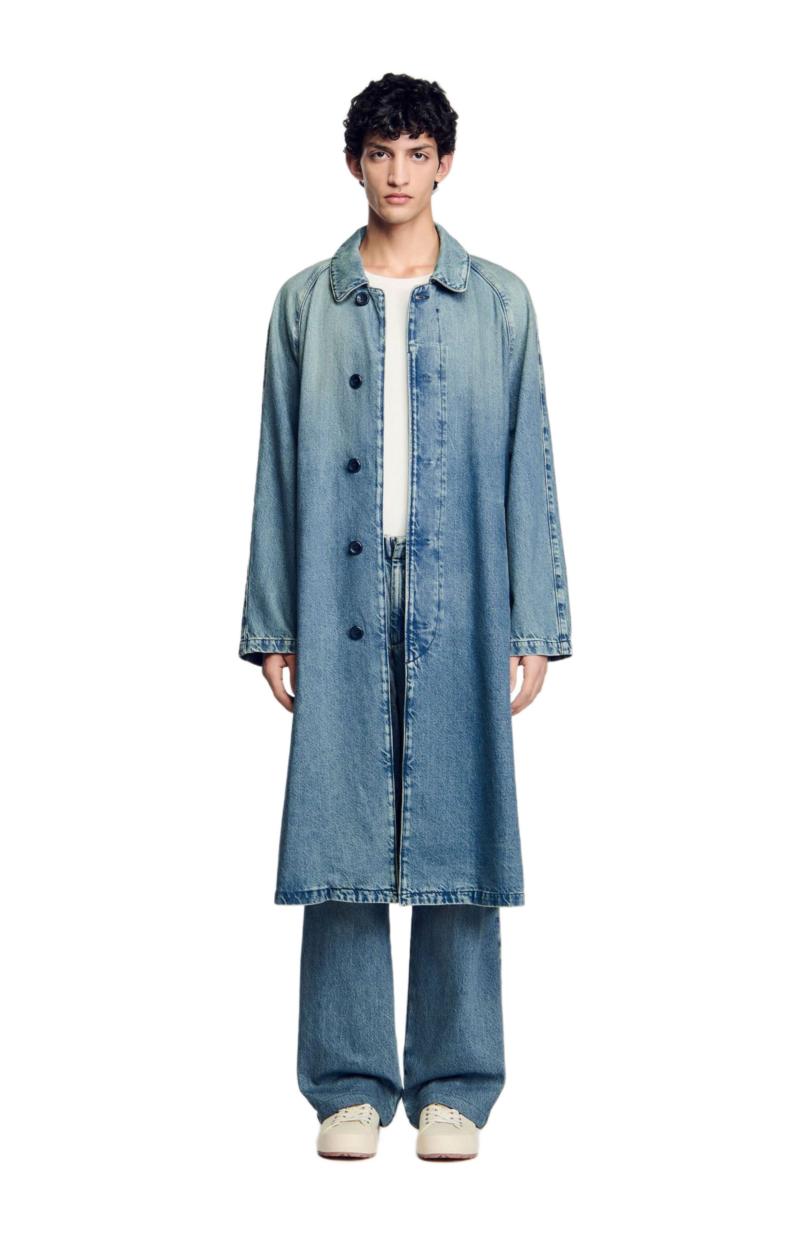 SANDRO Long faded denim coat in Blue Vintage - 6