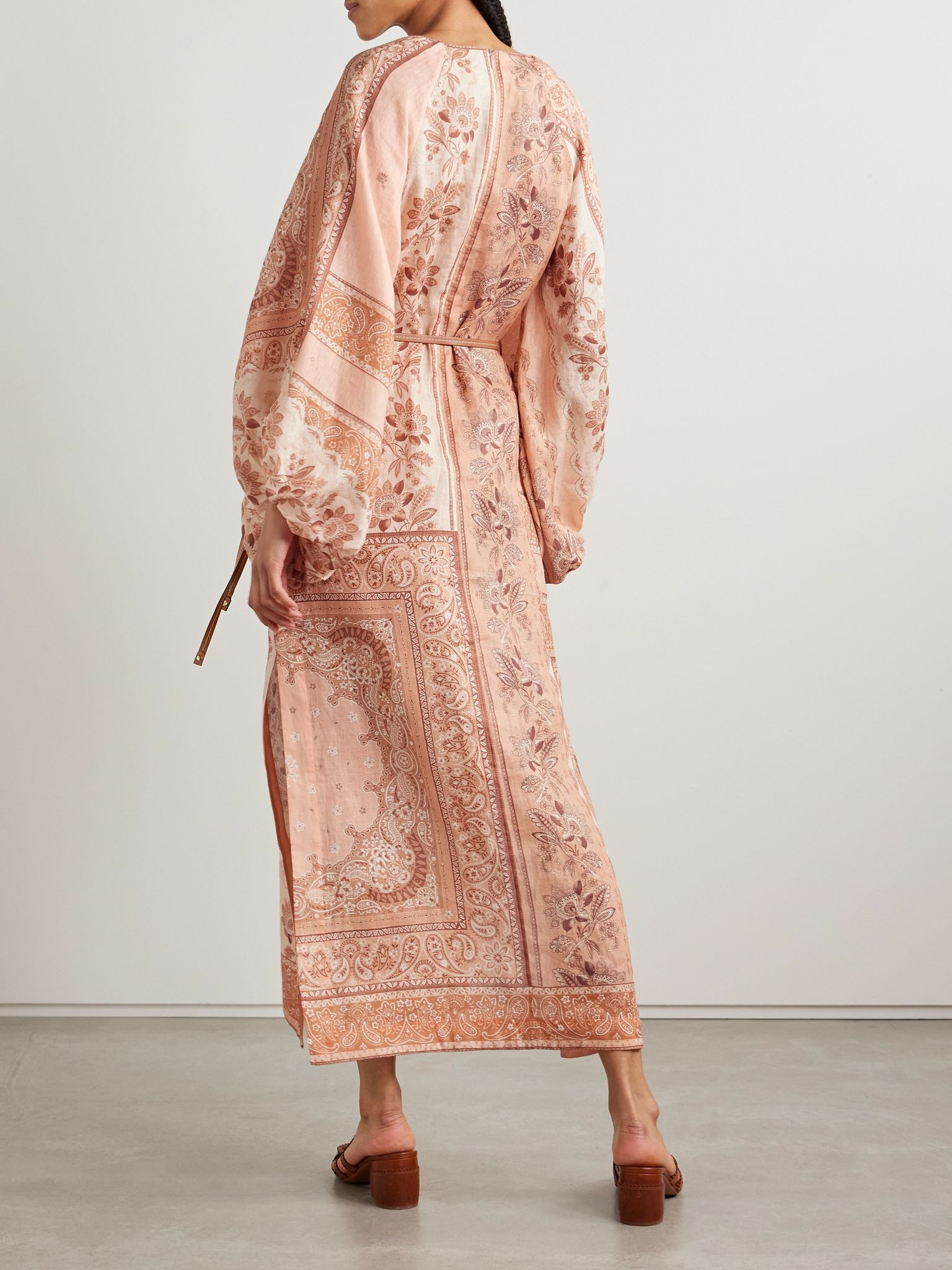 Lucky leather-trimmed belted paisley-print linen midi dress Orange - 3