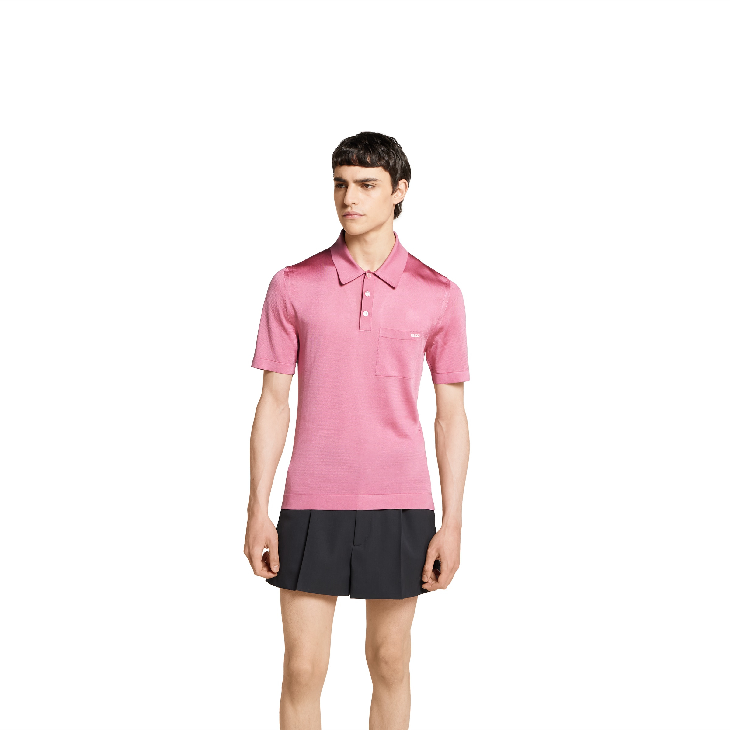 Fine silk knit polo top with intarsia - 3