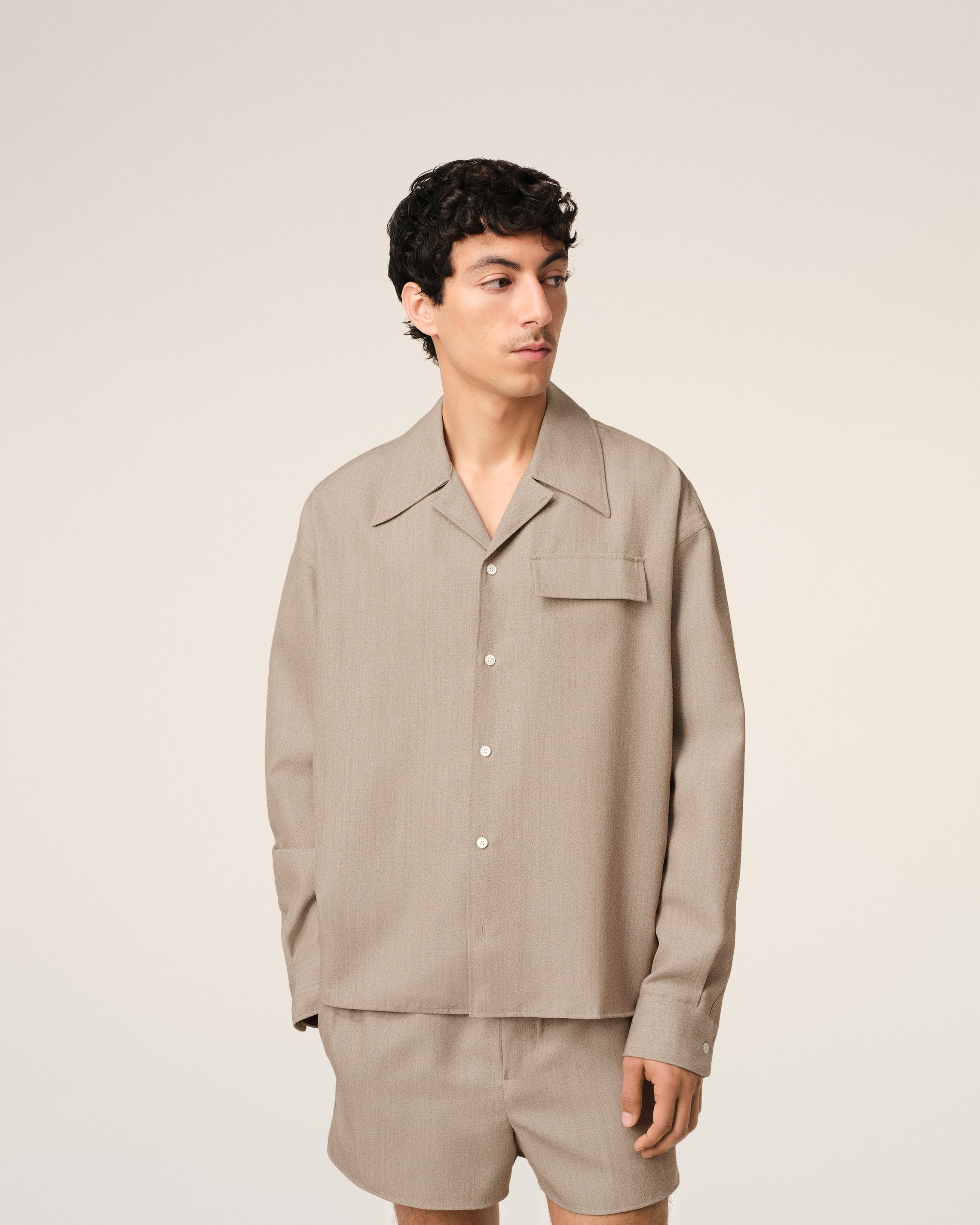 BEIGE WOOL LONG SLEEVE CAMP COLLAR OVERSHIRT - 3