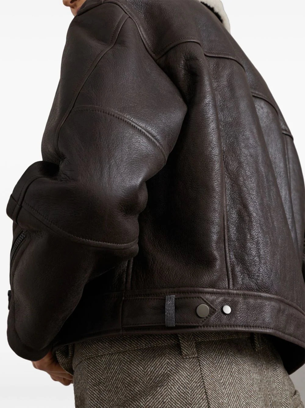 Brunello Cucinelli Women Leather Biker Jacket With Shearling Collar - 5