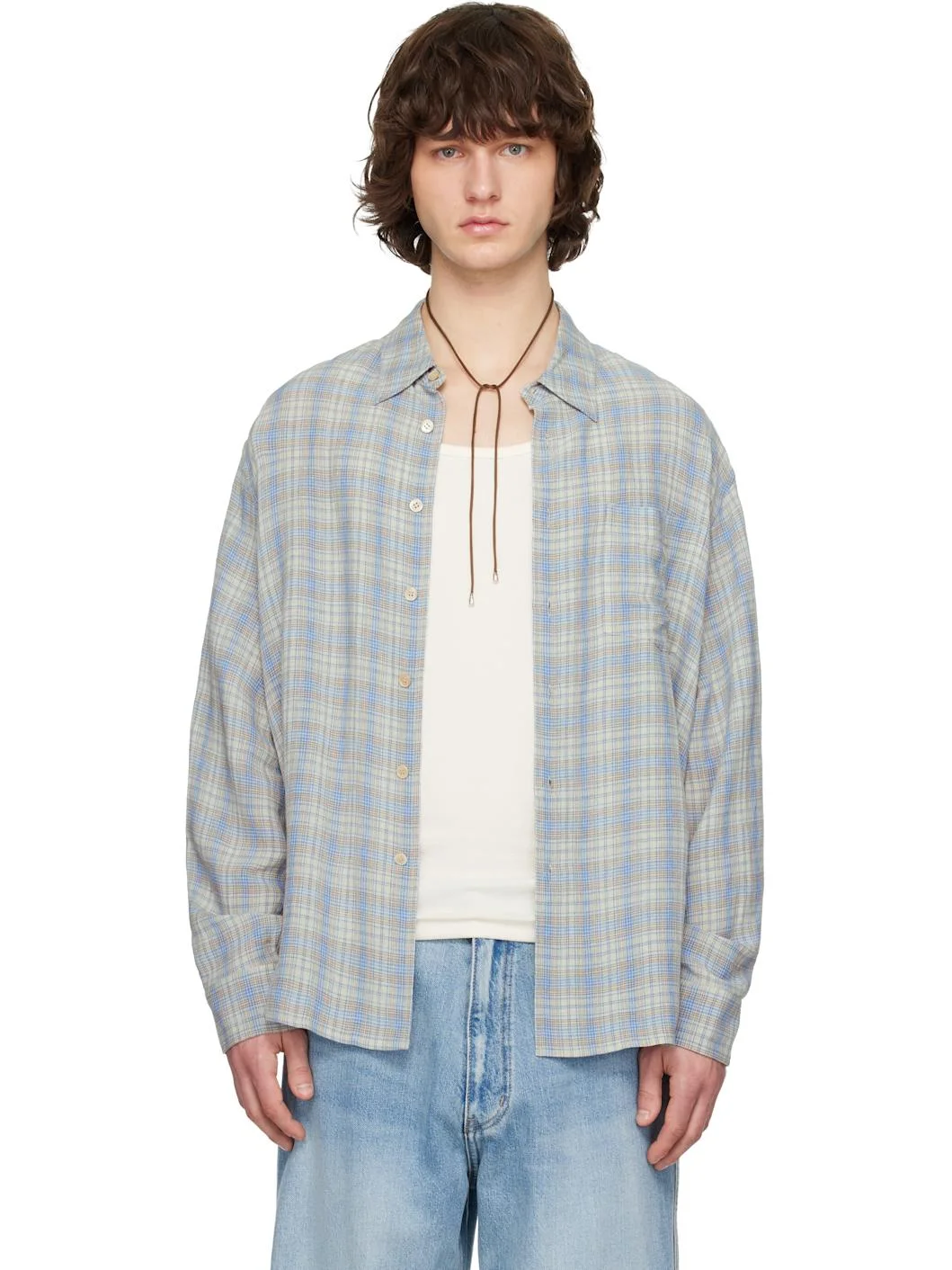 Blue Viscose Linen Check Shirt - 1