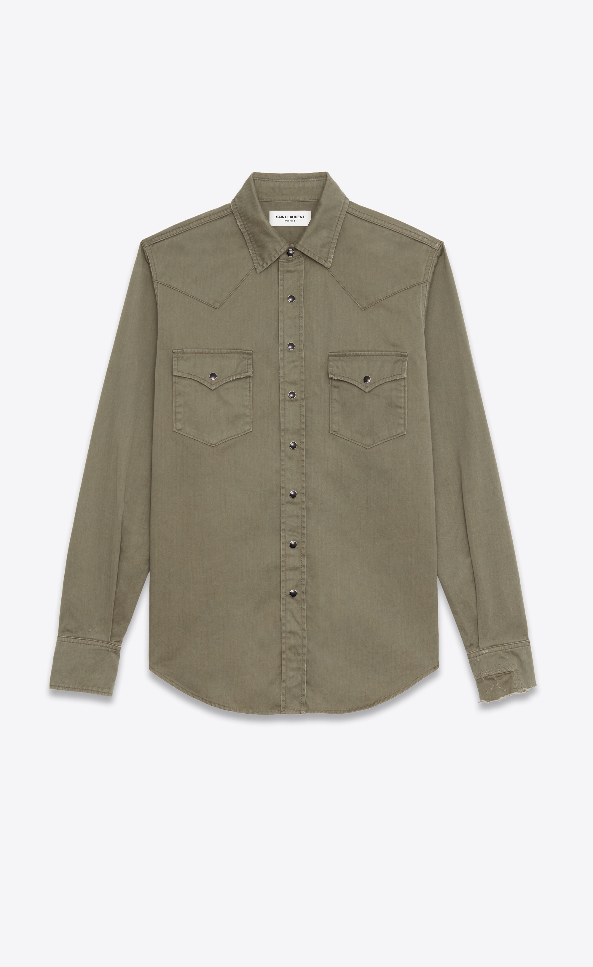 distressed classic western shirt in khaki stonewashed denim - 1