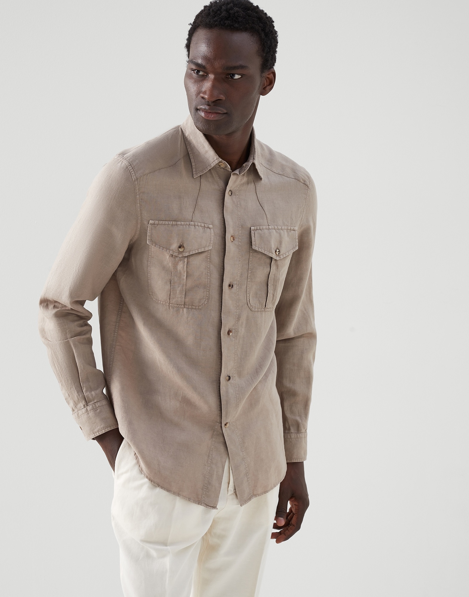 Linen and cotton pinpoint easy fit shirt with chest pockets - 1