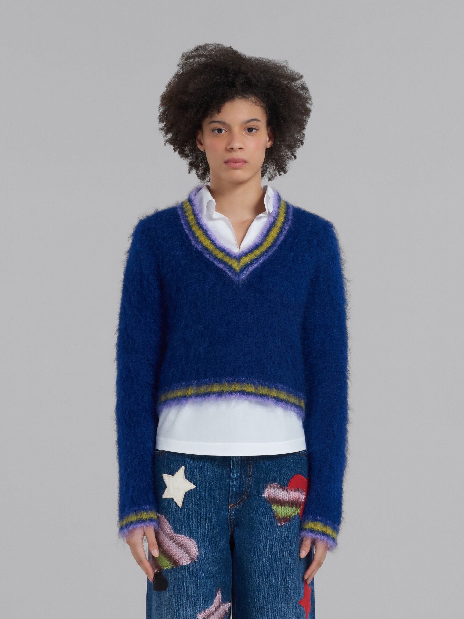 BLUE MOHAIR JUMPER WITH STRIPED TRIMS - 2