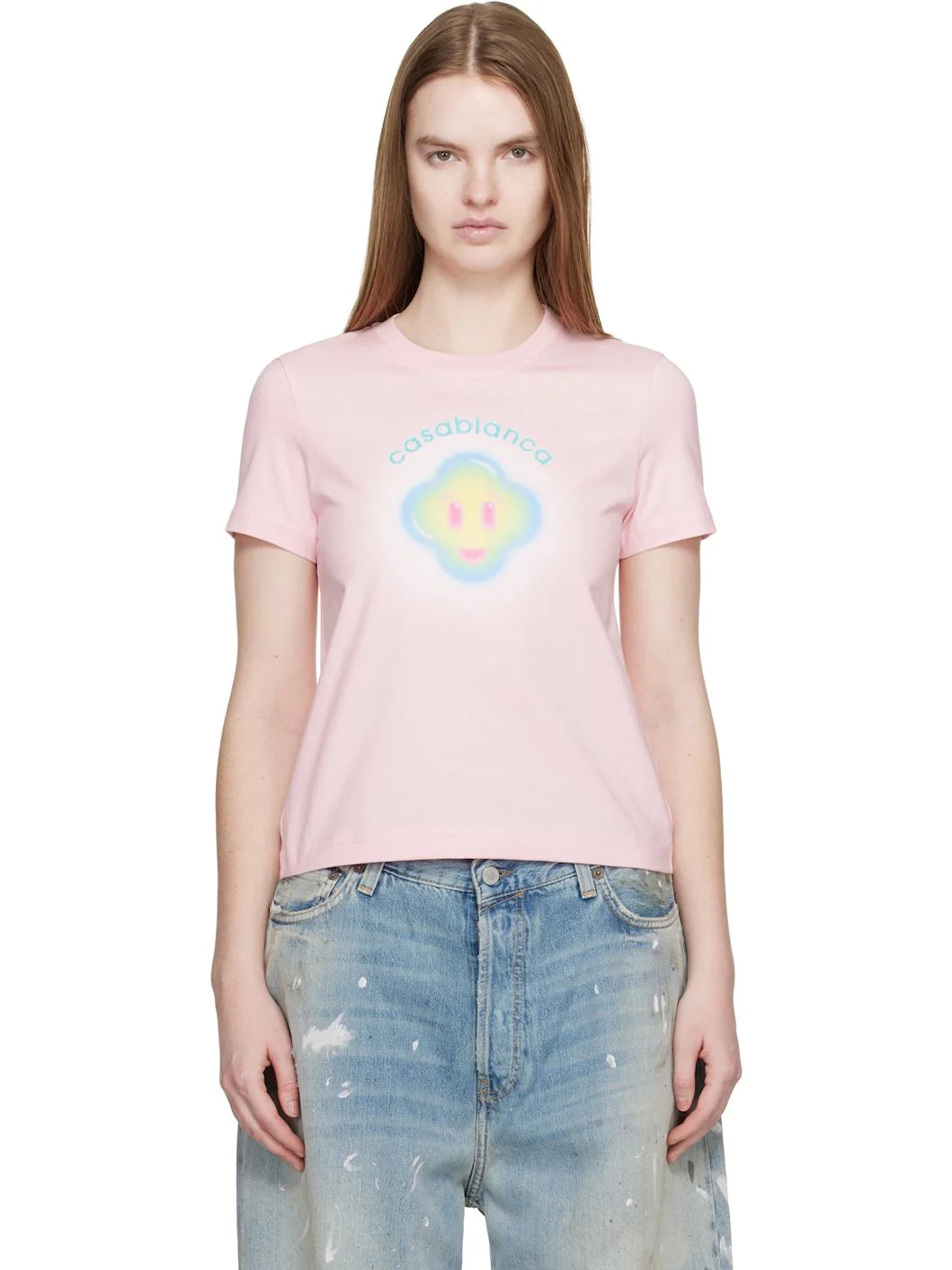 Pink Airbrush Smiley Fitted Short Sleeve T‑shirt - 1