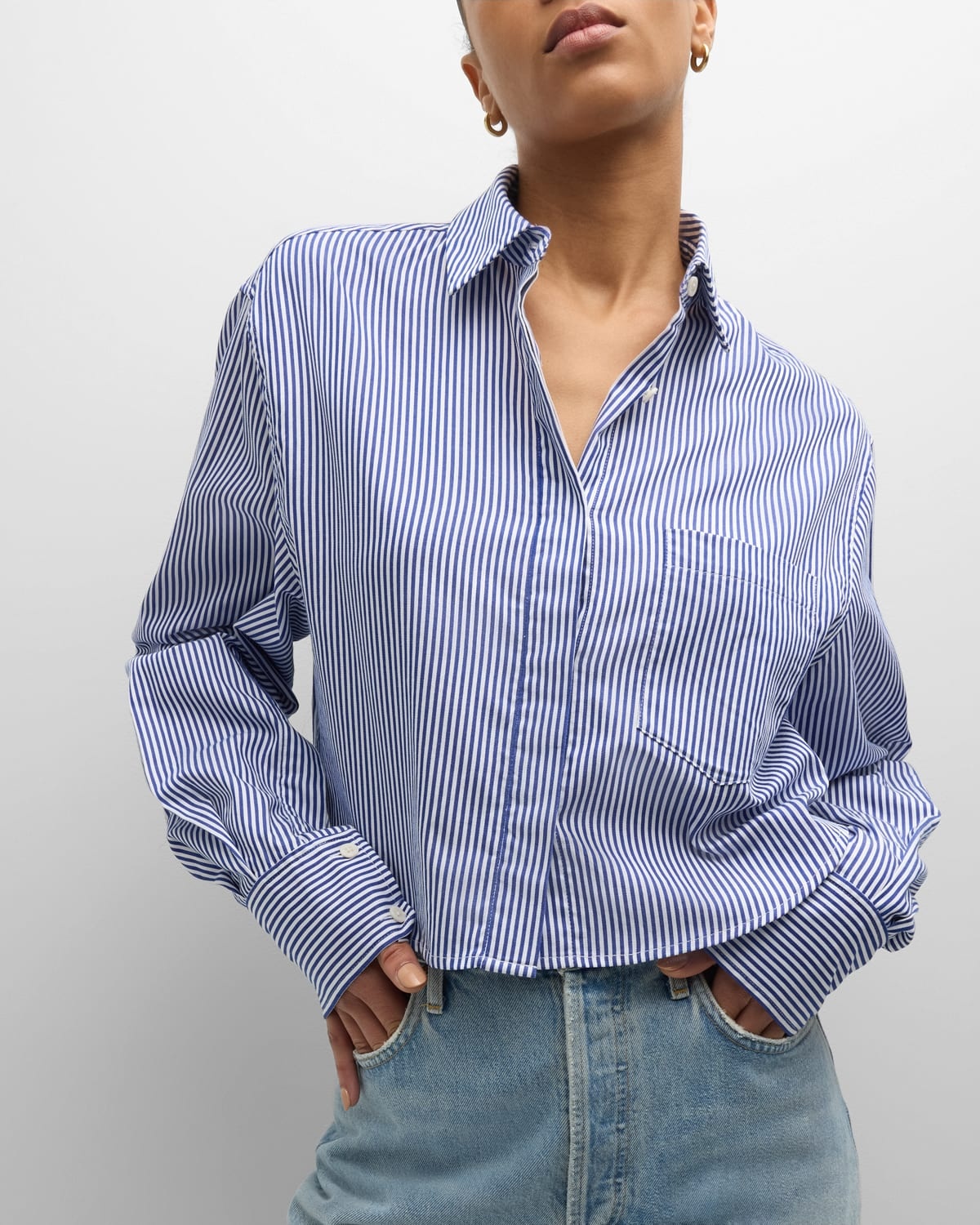 Renata Cropped Cotton Stripe Button-Front Shirt - 7